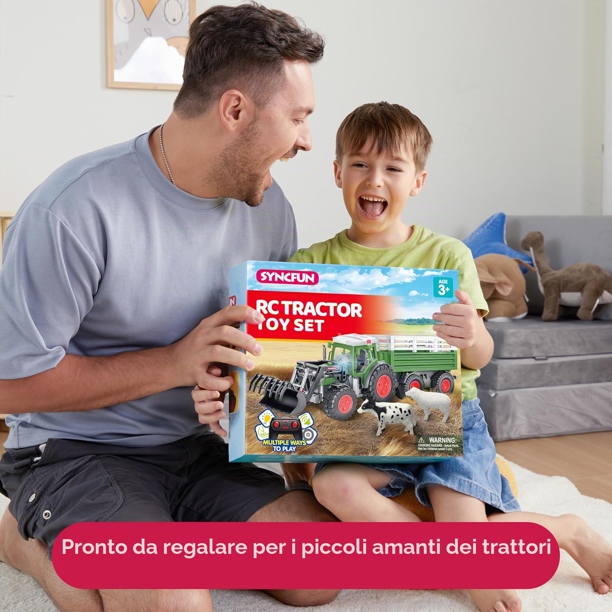 SYNCFUN Set di giocattoli trattore telecomandato grande veicolo agricolo con rimorchio, caricatore, luci e suoni
