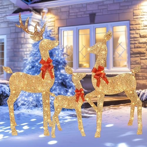 HOYECHI Decoraciones navideñas grandes de 5 pies para exteriores, renos iluminados, juego de familia de ciervos 2D de 3 piezas con 160 luces LED