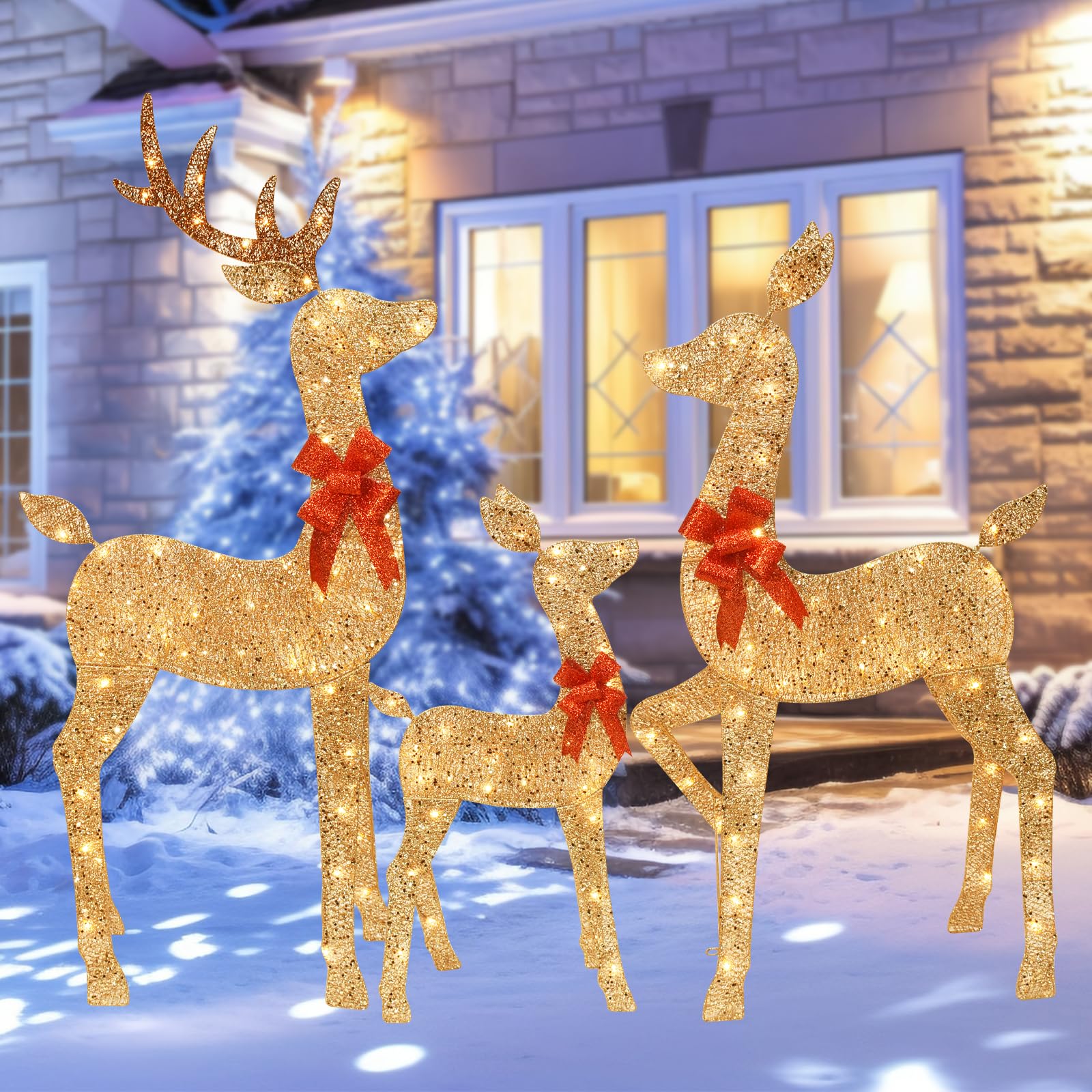 HOYECHI 5 FT Oversized Christmas Decorations Outdoor Lighted Reindeer – 3-Piece 2D Deer Family Set with 160 Warm White LED Lights for Yard, Lawn, Garden & Porch Holiday Display - Gold Gold 5FT
