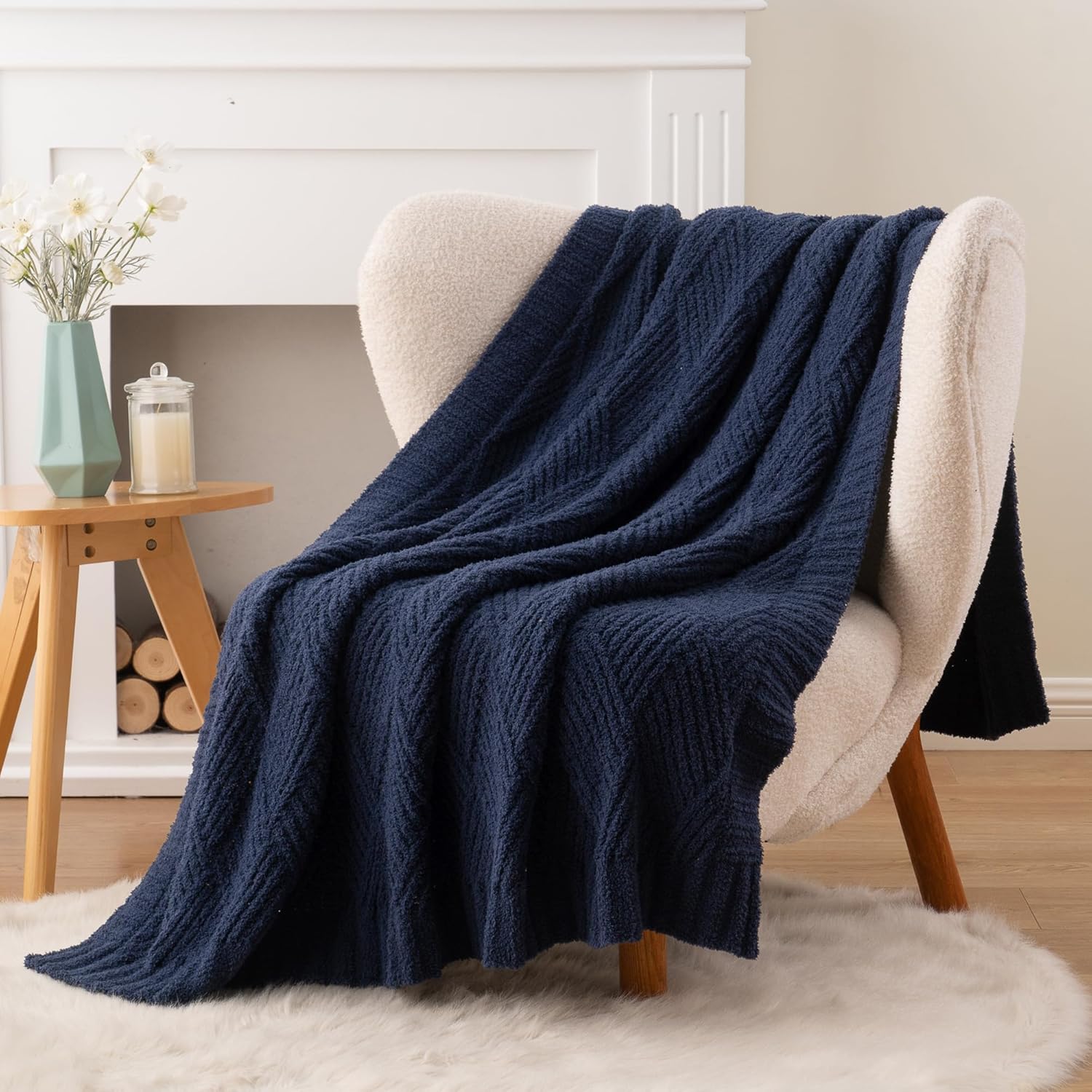 Battilo Navy Chenille Throw Blanket for Couch, Soft Diamond Textured Knit Blanket, Cozy Lightweight Decorative Blankets for Sofa, 50"x60"