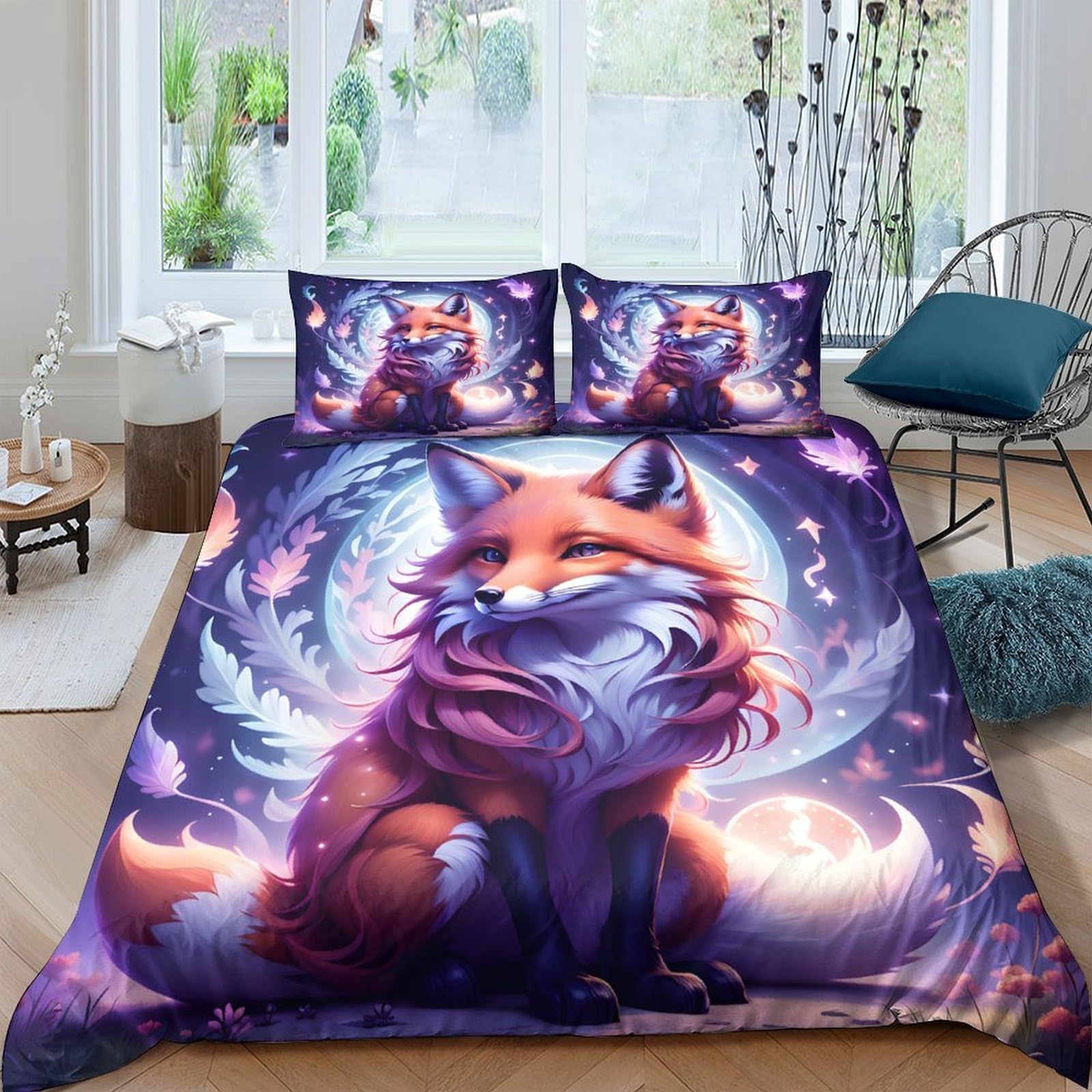 GPLZQXKJNH 3D Printed Fantasy Fox Duvet Cover Set Microfiber Soft Breathable Moonlight Bedding Set with 2 Pillowcases for Bedroom Home Decor Single（135x200cm）