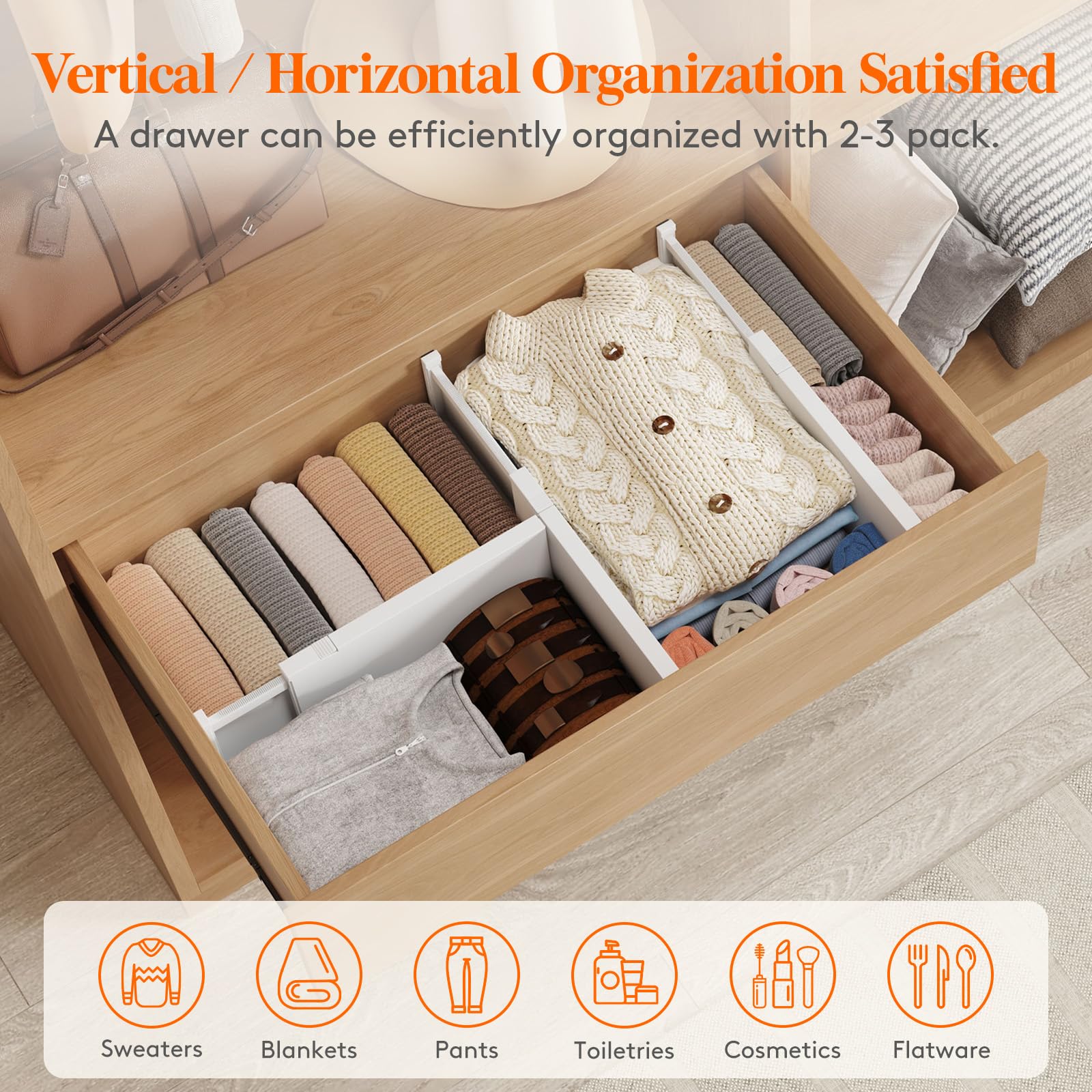 Lifewit 5 sztuk, 15 cm wysokich przegród do szuflad, 34-56 cm/13,5-22" regulowany organizer do szuflad na ubrania/przybory, rozszerzalne separatory do szuflad do komody/kuchni/sypialni/biura, białe