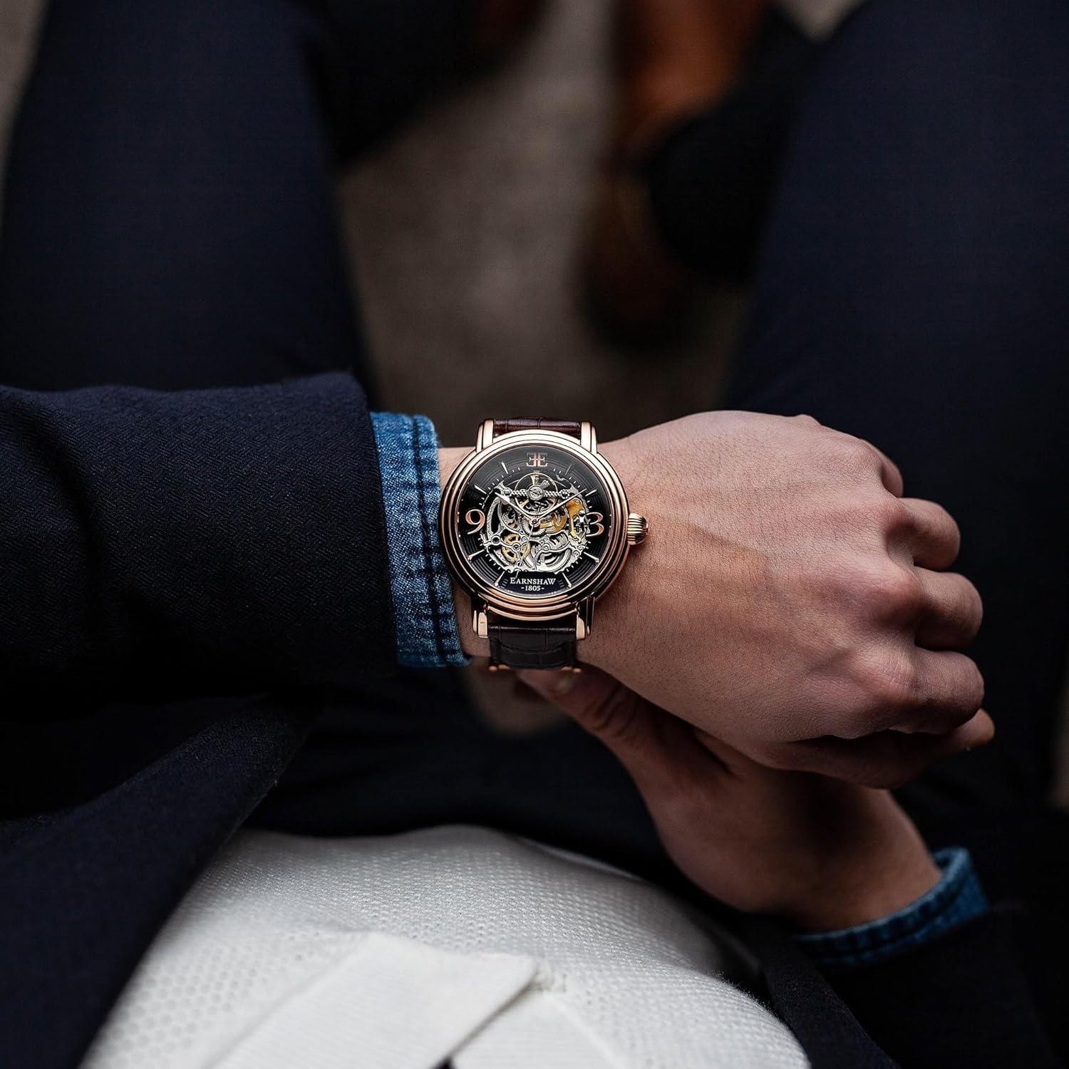 Thomas Earnshaw Longcase Grande Skeleton Men's Automatic Watch 48mm Open Heart Dial Genuine Leather Strap ES-8011 Brandy Rose Gold