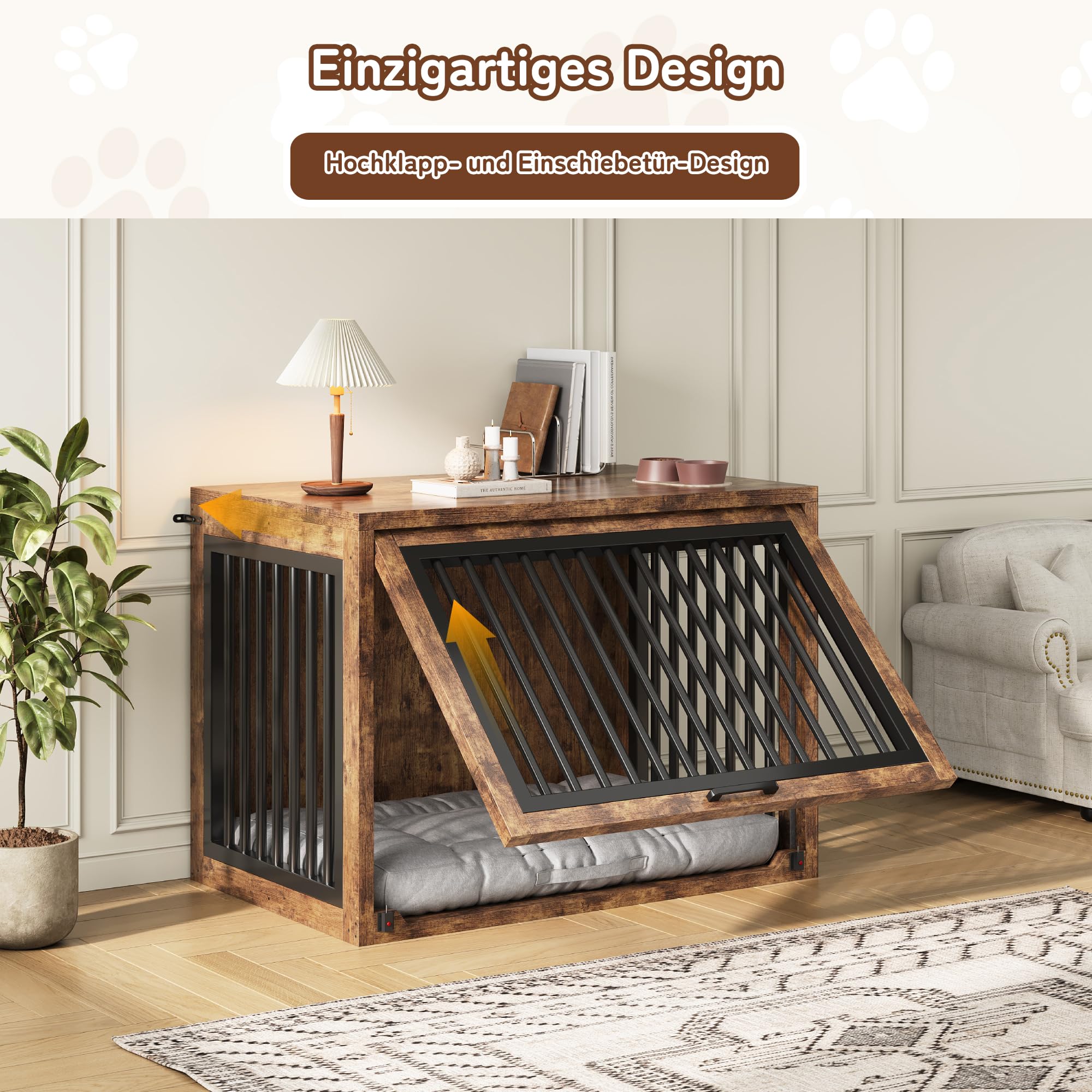 Jocoevol Hundebox Möbel, 107cm Hundekäfig für Große Hunde bis 36 kg, Hundehaus Holz mit versteckter Schiebetür, Heavy-Duty Hundekäfig mit Sicherheitsschloss und leisen Pads, 107x73x85 cm, Vintagebraun