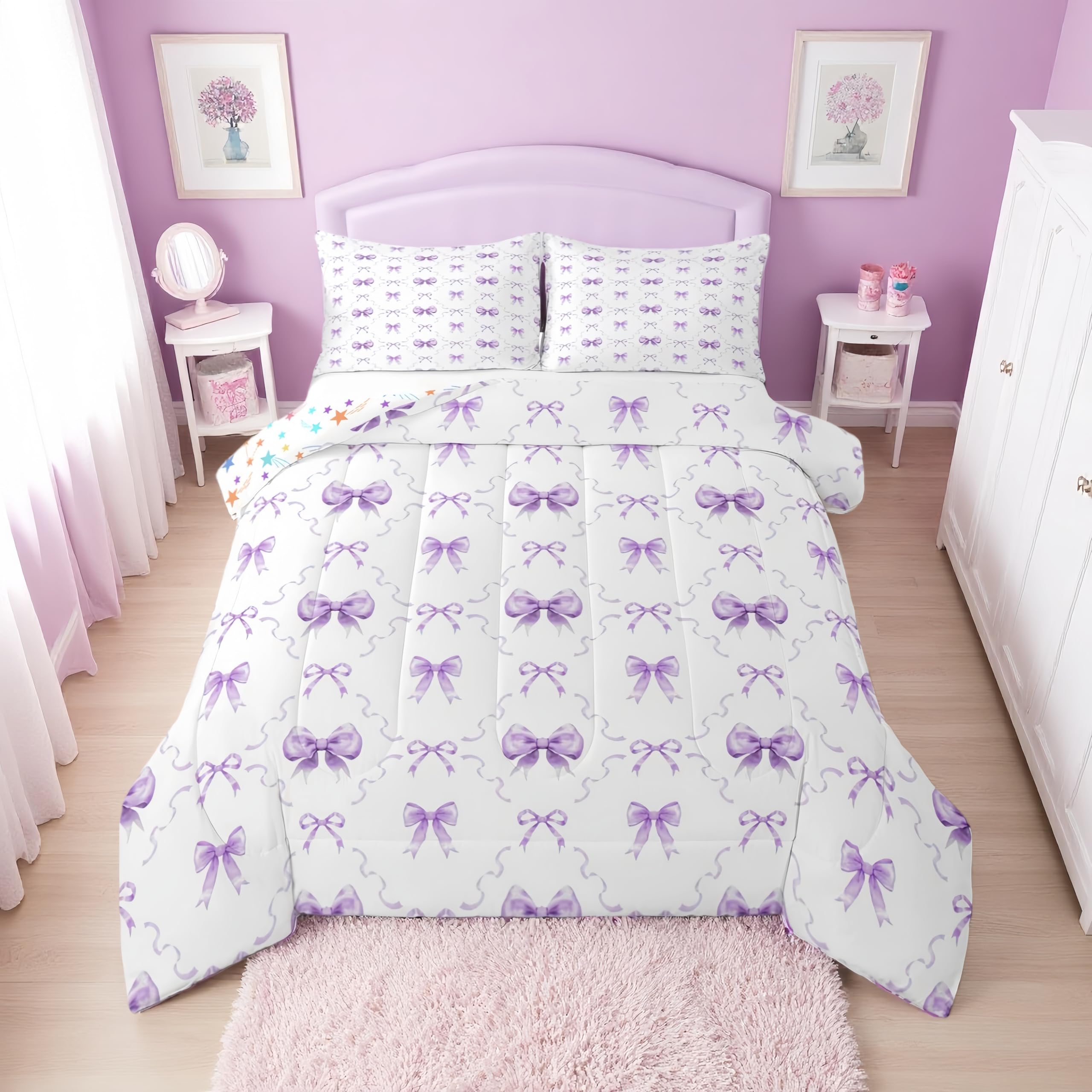 Erosebridal Cute Purple Bow Queen Comforter Set for Girls | Purple Ribbon Bow Tie Bedding Sets for Kids Women, Coquette Bowtie Bed Set, Princess Bows Room Decor, 2 Pillowcases
