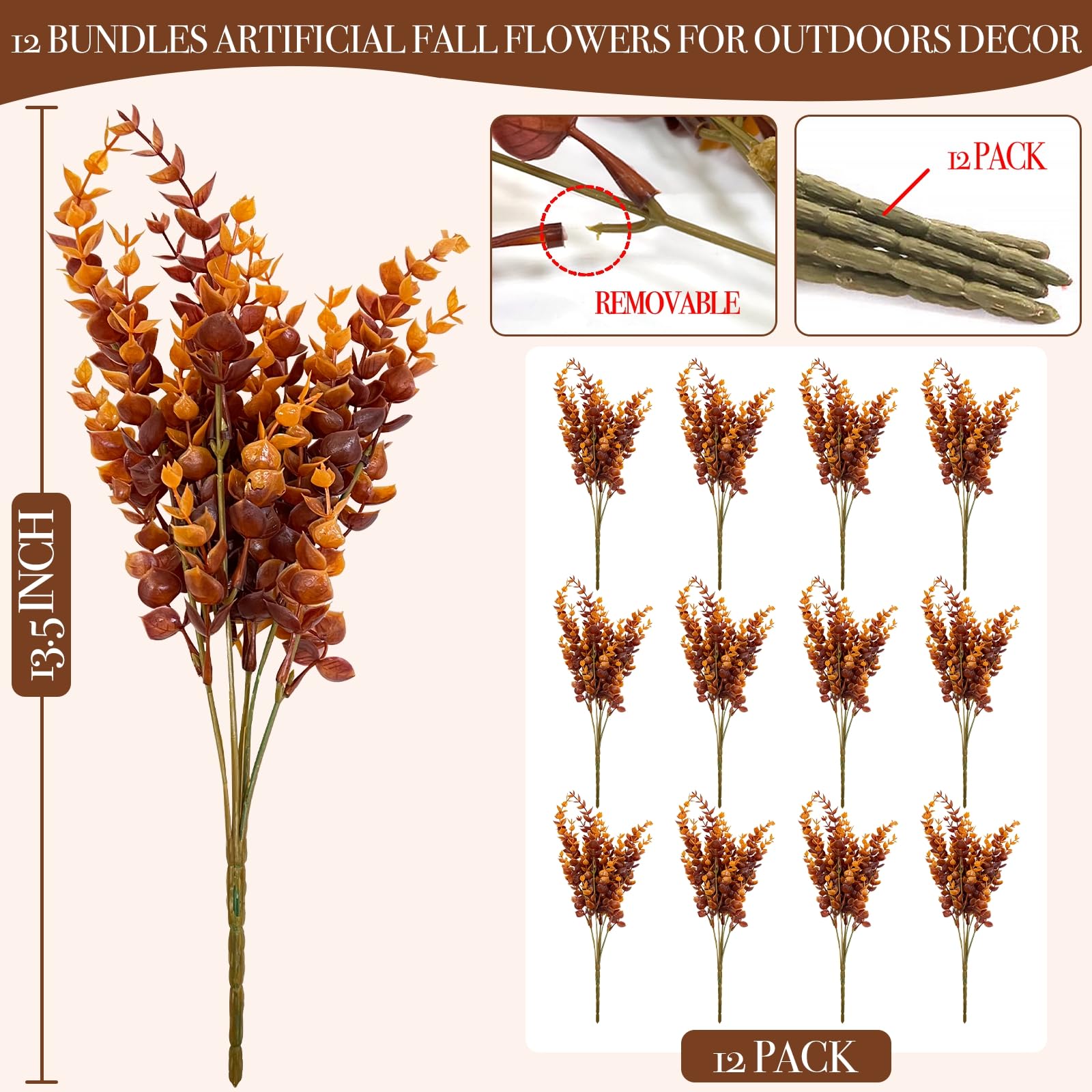 TURNMEON 20 mazzi di fiori artificiali autunnali, resistenti ai raggi UV, fiori finti in plastica per esterni, piante autunnali finte, per casa, giardini, decorazione autunnale autunnale (marrone)