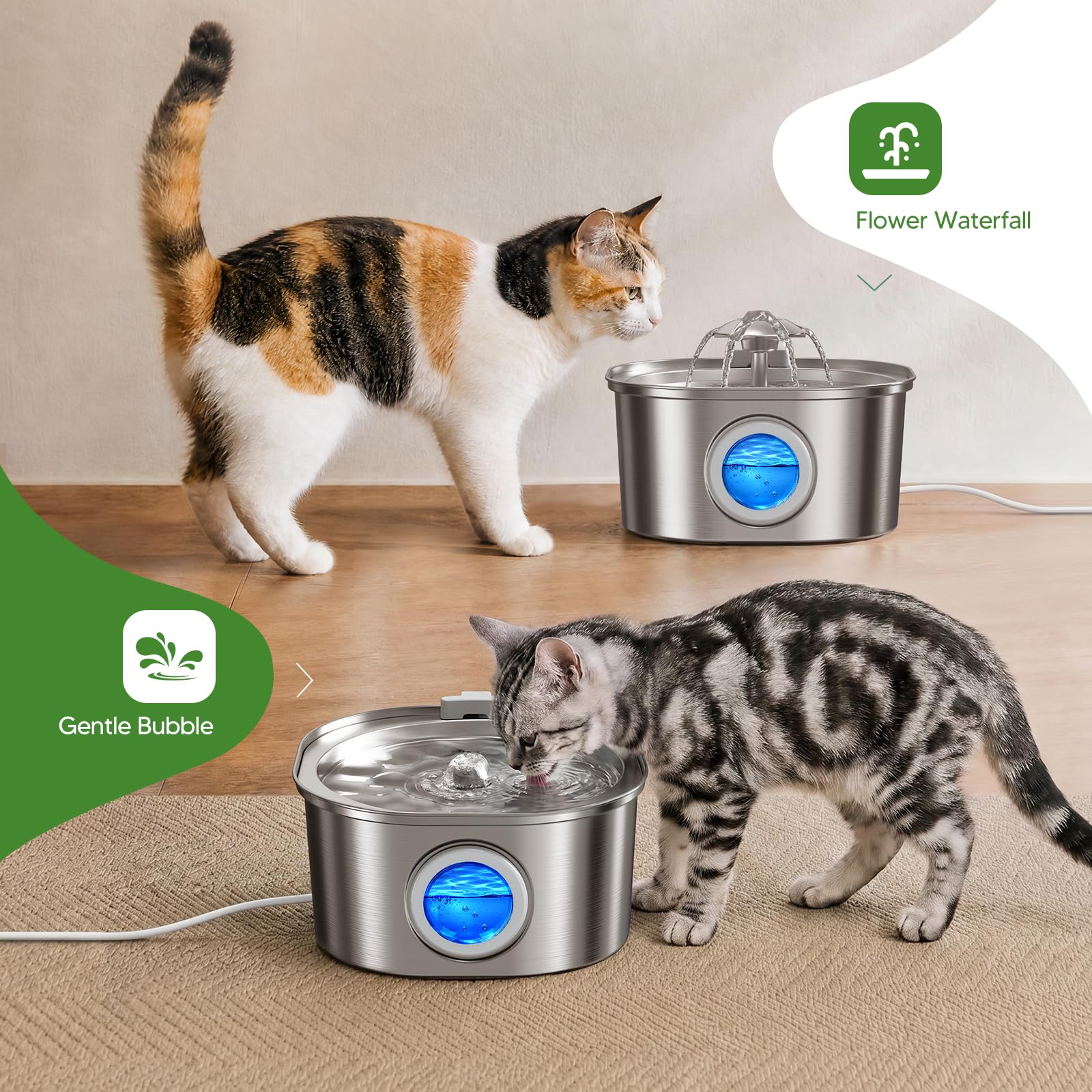 PEKTACO Fuente de acero inoxidable para gatos y perros pequeños, 3,2 L