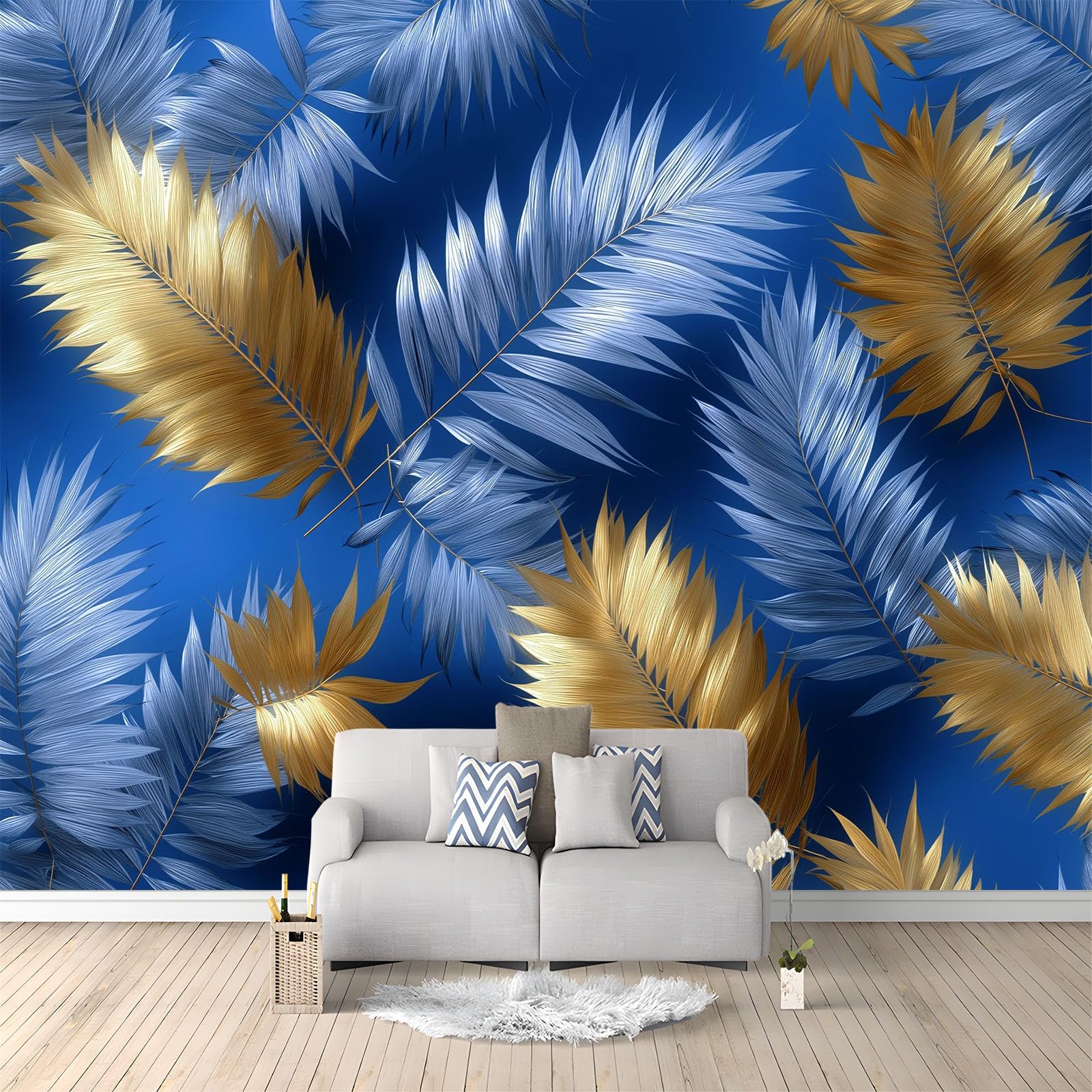 Générique Tropikalne Panoramiczne Rośliny Liście Drzewo Palmowe Granatowa Dżungla 250 x 175 cm - Nowoczesny gobelin ścienny z włókniny do salonu, sypialni lub pokoju dziecięcego