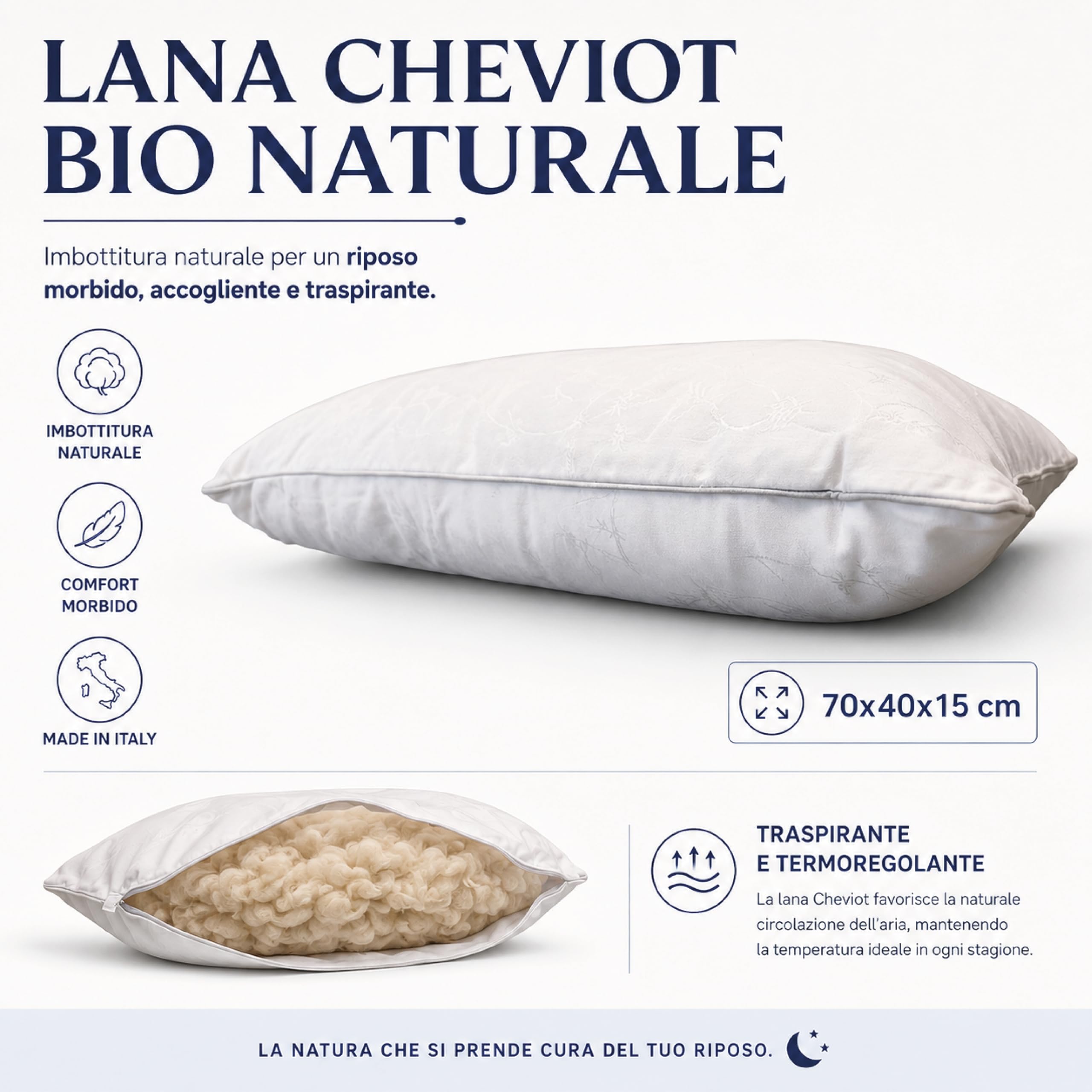 Cuscino Lana Cheviot Naturale 70x40x15 cm