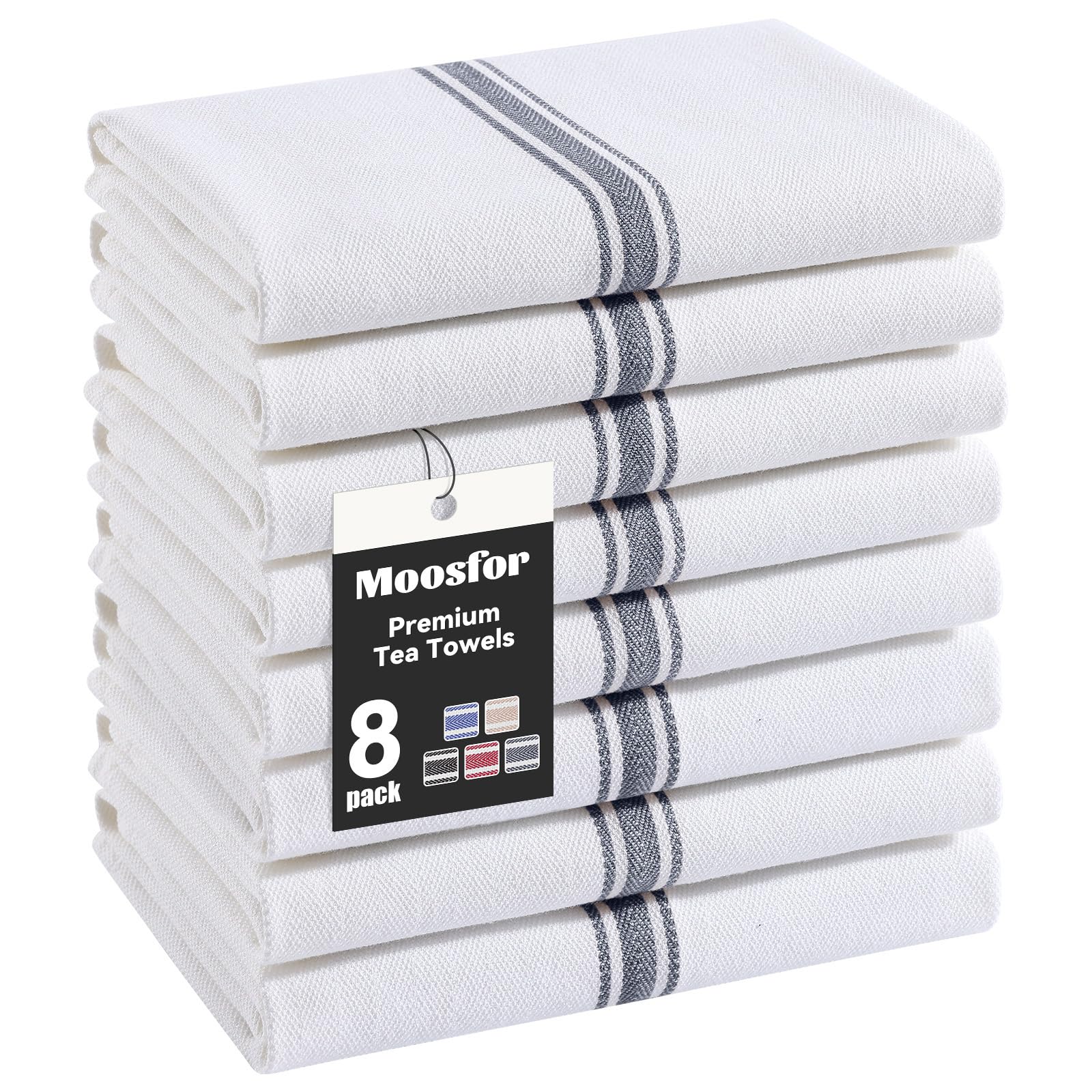 Moosfor 100% Organic Cotton Tea Towels Extra Large, Highly Absorbent Soft Dish Cloths, Lint Free Quick Drying kitchen Towel, Premium Dish Towels for Kitchen, Pack of 8, 38 x 64 cm, Grey
