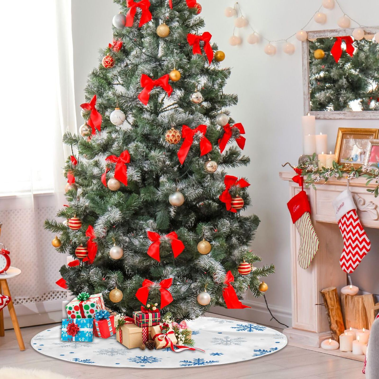 Christmas Tree Skirt Blue Snowflakes Silver Glitter Pattern Xmas Tree Ornaments Christmas Tree Mat for Decorations Holiday Party 120cm - Image 4