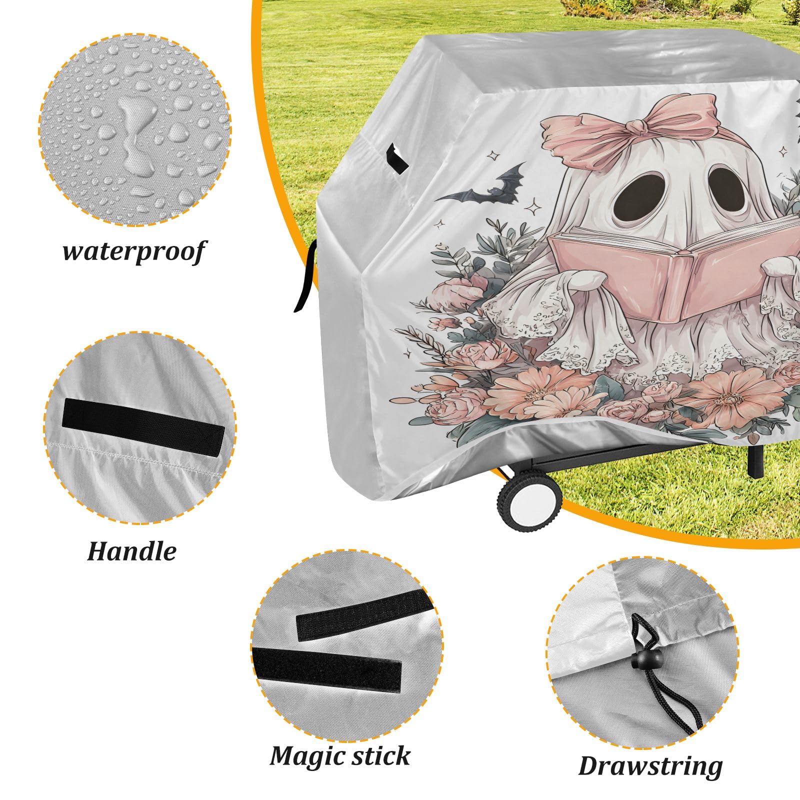 Copertura per barbecue impermeabile di alta qualità, resistente allo sbiadimento, resistente, adatta per griglie fino a 25 cm in stile vettoriale pulito con simpatici personaggi fantasmi fantasmi sono
