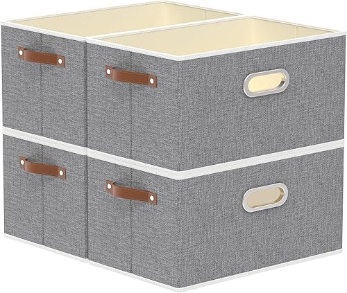 Yawinhe Cestas de almacenamiento plegables para estantes, organizadores de armario de tela, contenedores con 3 asas, cubos para ropa, gris, 15