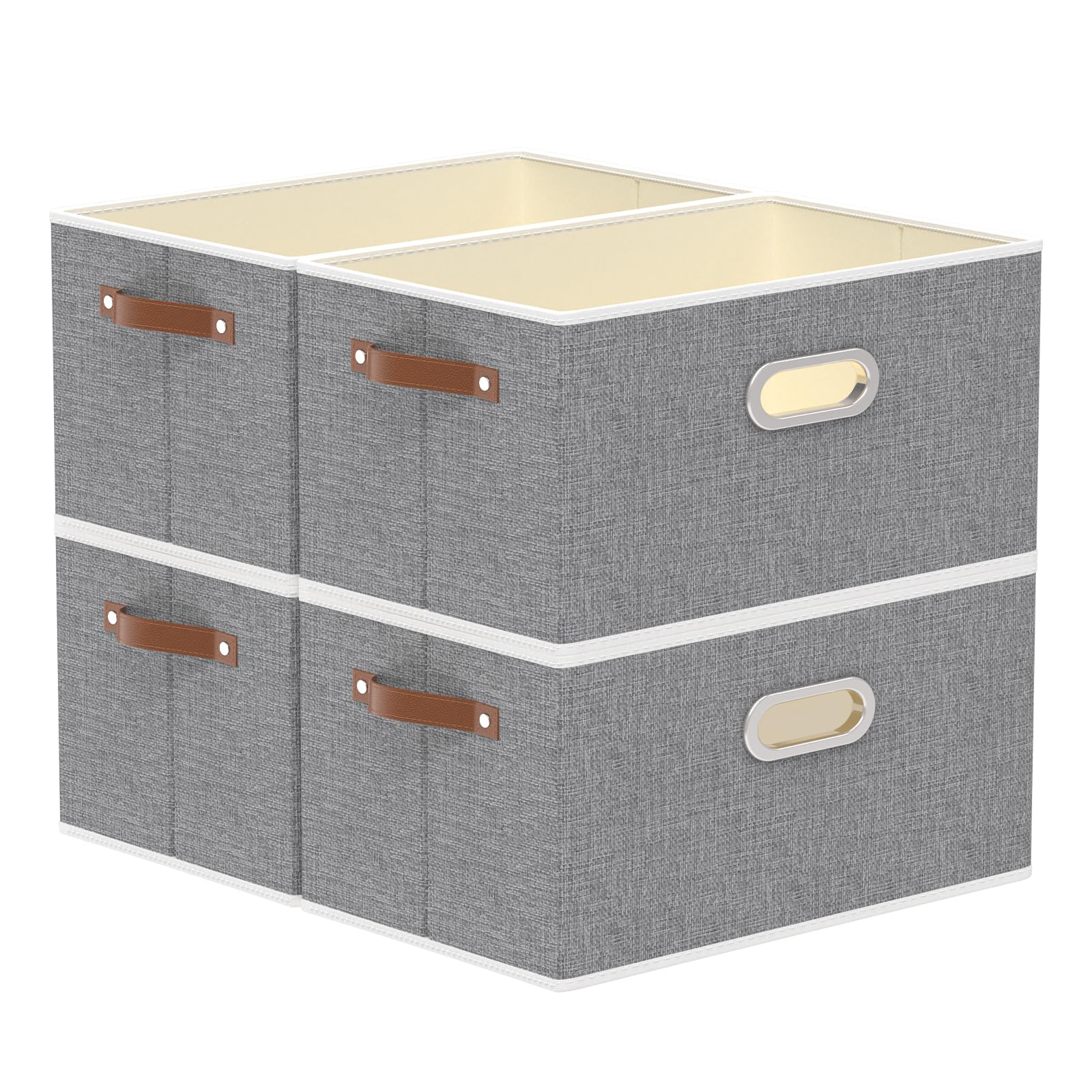 Yawinhe Foldable Storage Baskets for Shelves, Fabric Closet Organizers, Bins with 3 Handles, Cubes for Clothes, Grey, 15''Lx9.8''Wx8.3''H, 4-Pack