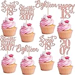 30PCS 18th Birthday Cupcake Toppers Glitter Eighteen Happy 18th Straight Outta 2007 Cupcake Picks for Cheers to 18 Years Birthday Wedding Anniversary Party Decoration Supplies Rose Gold