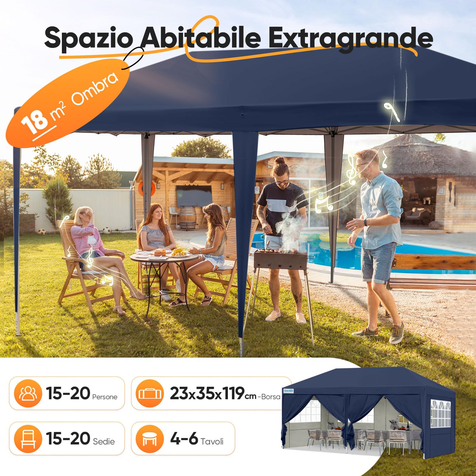Quictent Gazebo Pieghevole 3x6m con Pareti Laterali con Finestre a Chiesa, Rifugio per Eventi ad Altezza Regolabile, Tenda Portatile per Feste in Giardino e Campeggio, Blu Scuro