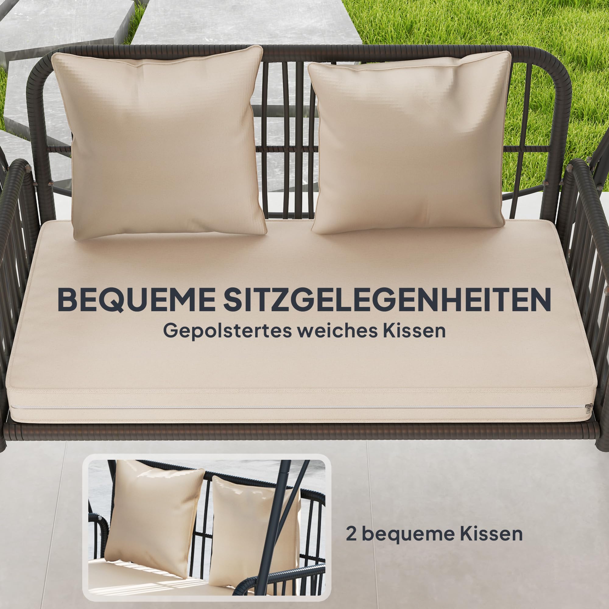 Outsunny Hollywoodschaukel Rattan 2-Sitzer Gartenschaukel mit verstellbar Sonnendach Kissen Hängebank bis 240 kg belastbar Hängeschaukel Schaukelbank für Garten Balkon 149 x 121 x 180 cm Khaki