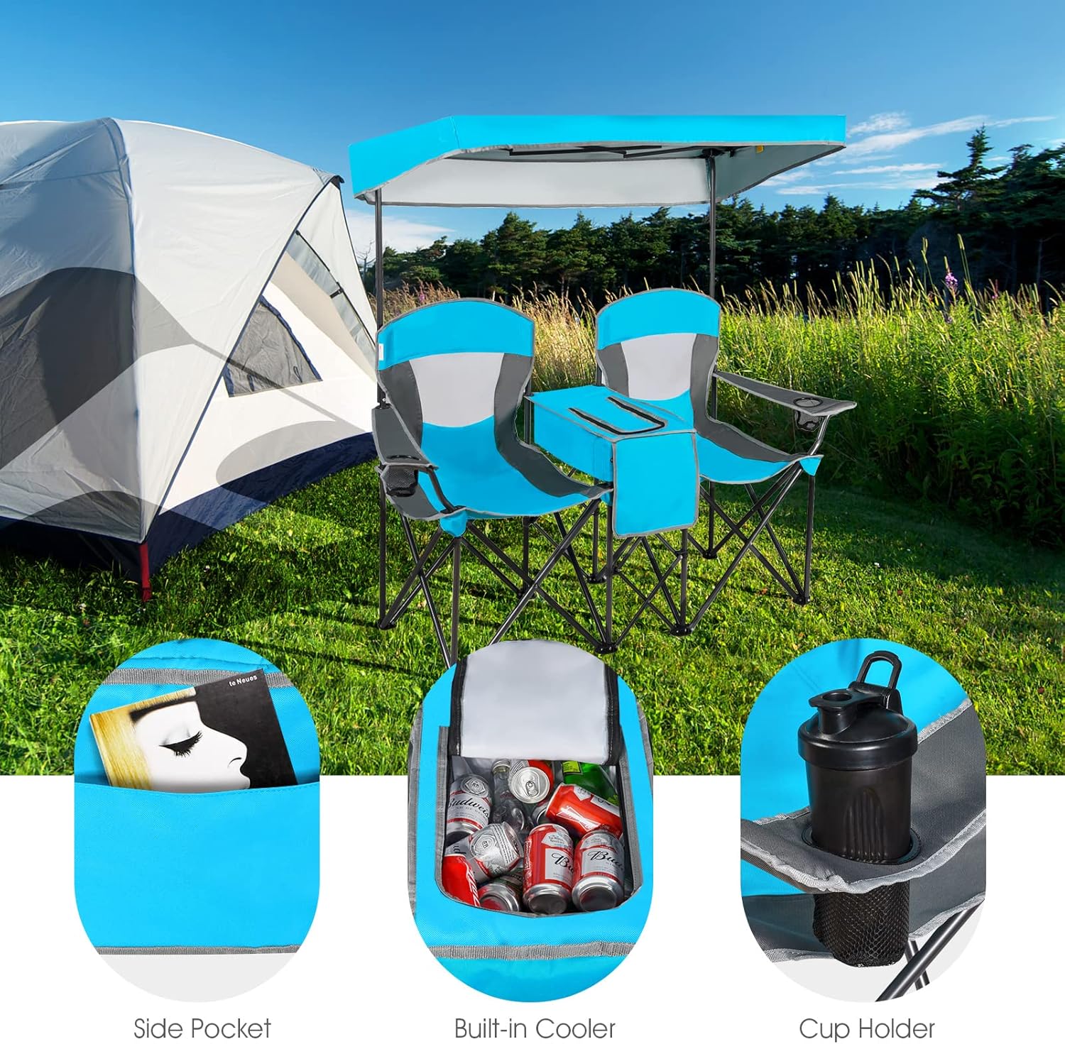 Tangkula Loveseat Camping Chair with Adjustable Shade Canopy, Portable Beach Chair with Cooler Bag, 2 Cup Holders, Carrying Bag, Foldable Double Lawn Chair for Travel, Fishing, Picnic (Blue)