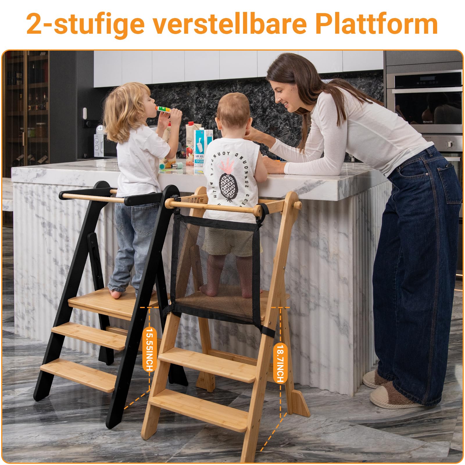 COSYLAND Lernturm ab 1 Jahr – Learning Tower 2-Fach höhenverstellbar & klappbar – Lernstuhl in Schwarz/Natur für Kinder – Montessori Stehturm aus Bambus – sicherer Tritthocker mit Kippschutz