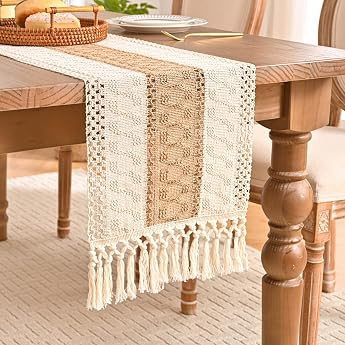 Table Runner Brown Boho Decorative Macrame Winter Table Runner Farmhouse Table Runner Country House Style with Crochet Lace Tassels Table Runner for Holiday Party Wedding Kitchen Table Decoration