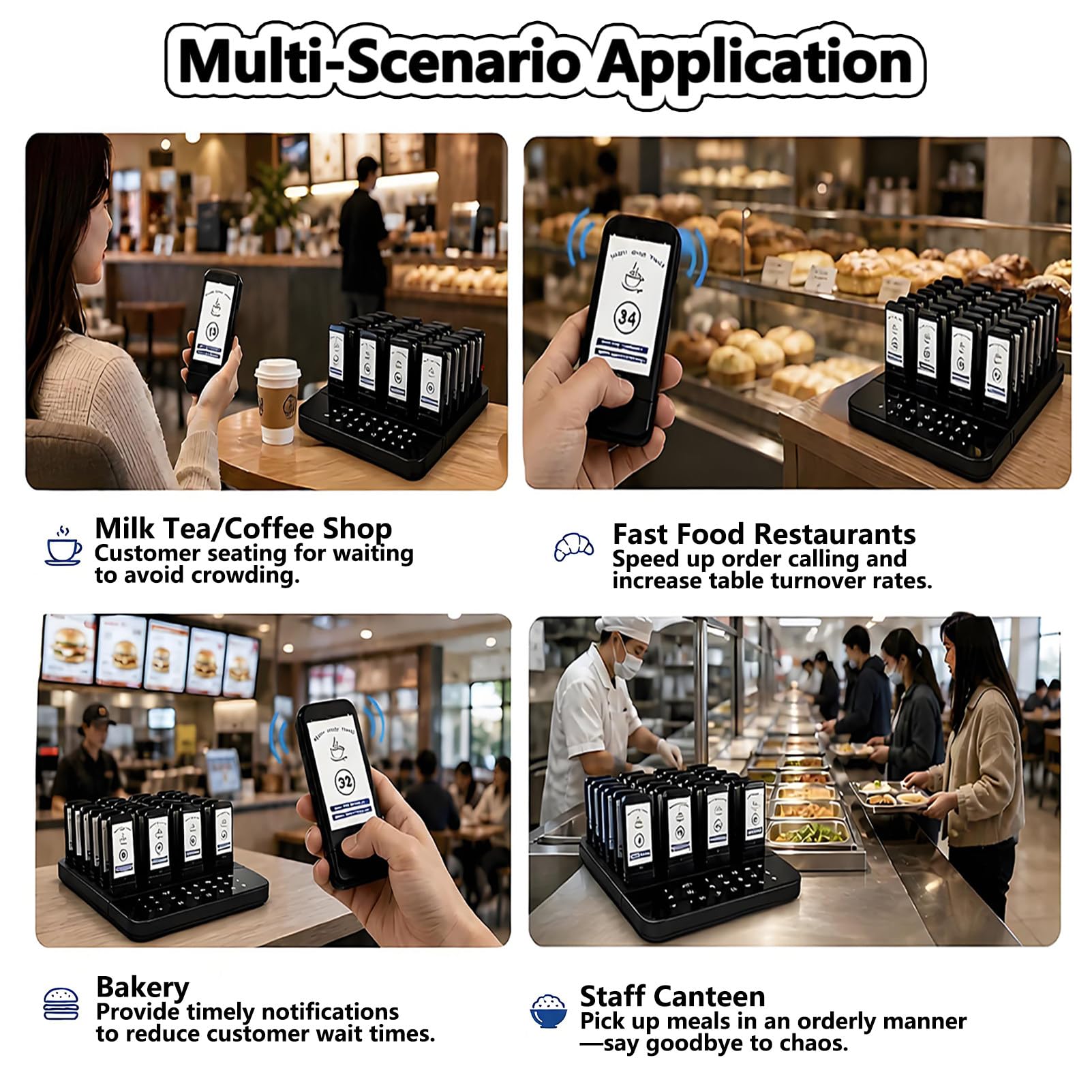 Bipeurs pour Restaurant, 40 Pagers sans Fil, Extérieur 800M, Système D'appel Favorisant la Distanciation Sociale pour Food Trucks, Cafés, Hôtels, Alertes par Vibration, Bip et Flash
