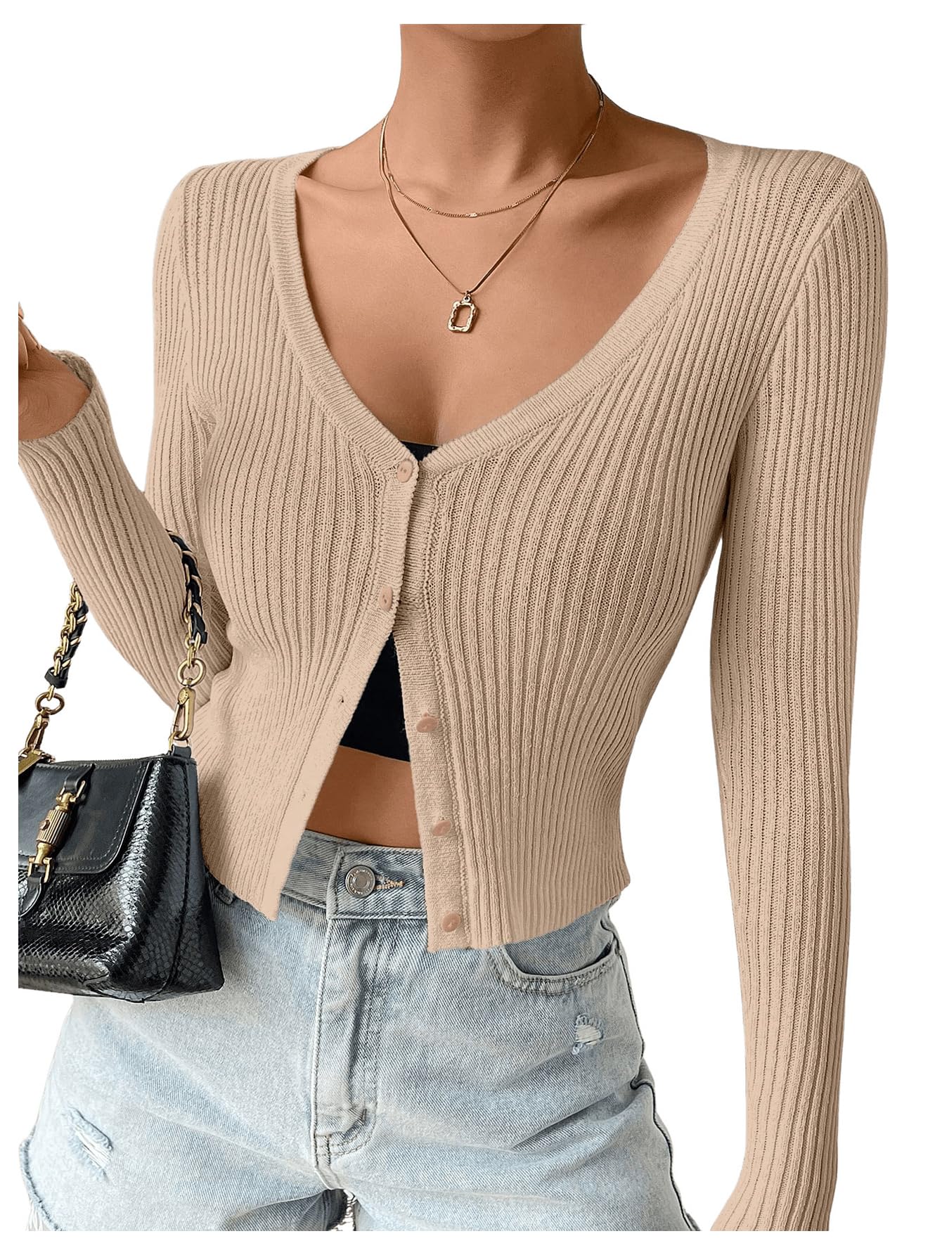 SHENHE Womens Ribbed Knit Button Down V Neck Lightweight Cropped Cardigan Sweater