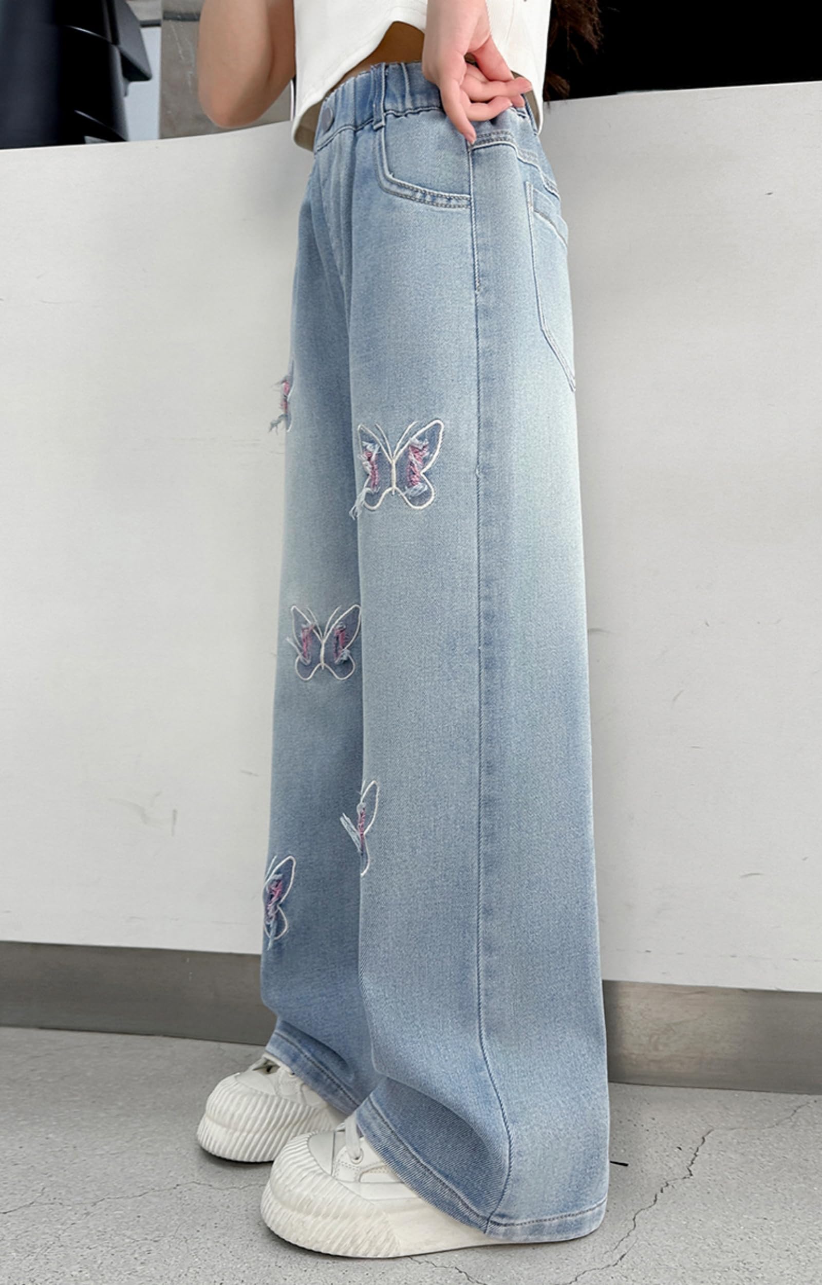 Rolanko Jeans holgados para niñas, pantalones de mezclilla desgastados, cintura elástica, pierna ancha, ajuste holgado de 4 a 14 años