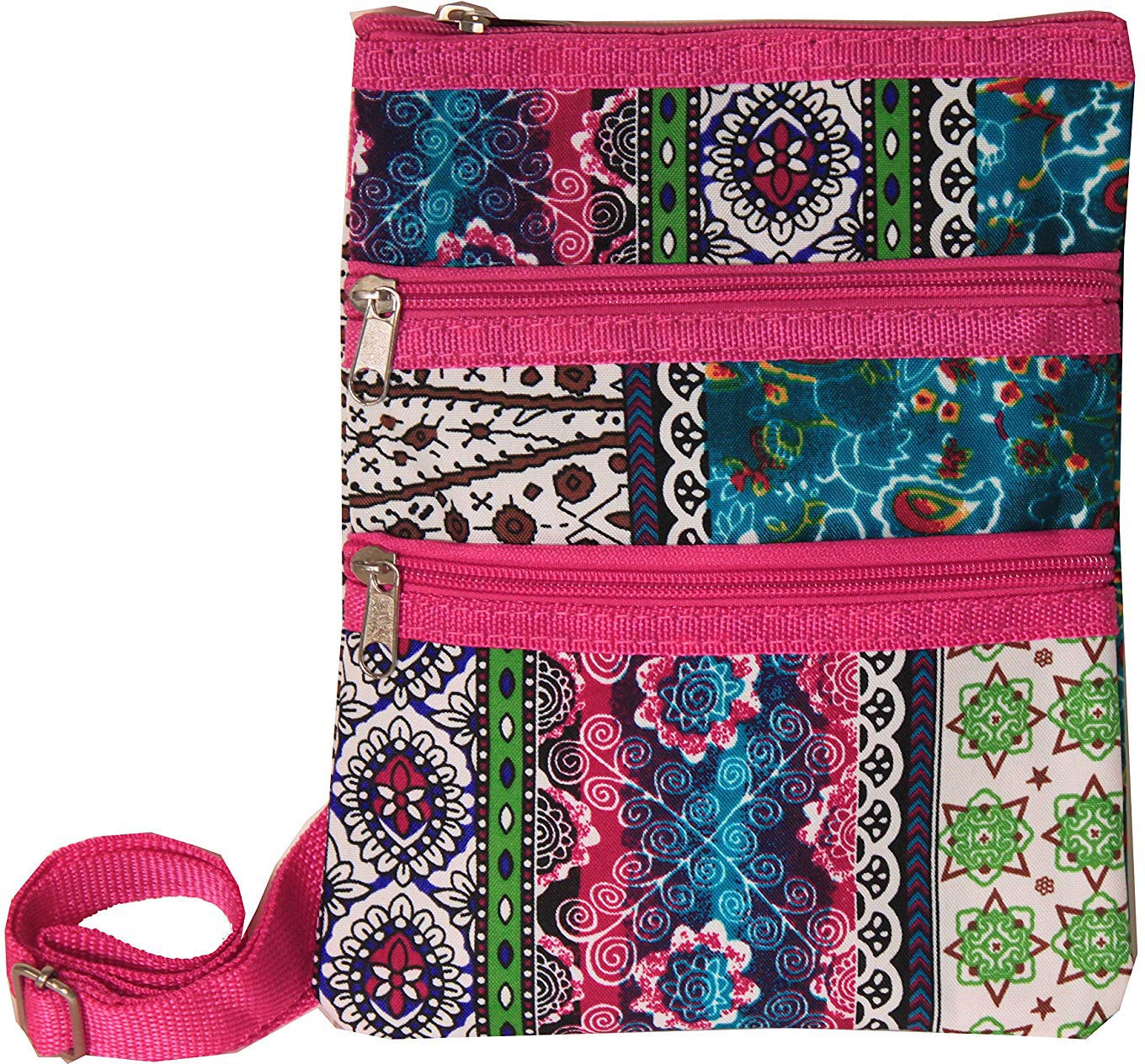 Patchwork Print with Hot Pink Trim Small Hipster Cross Body Shoulder Bag Purse Handbag