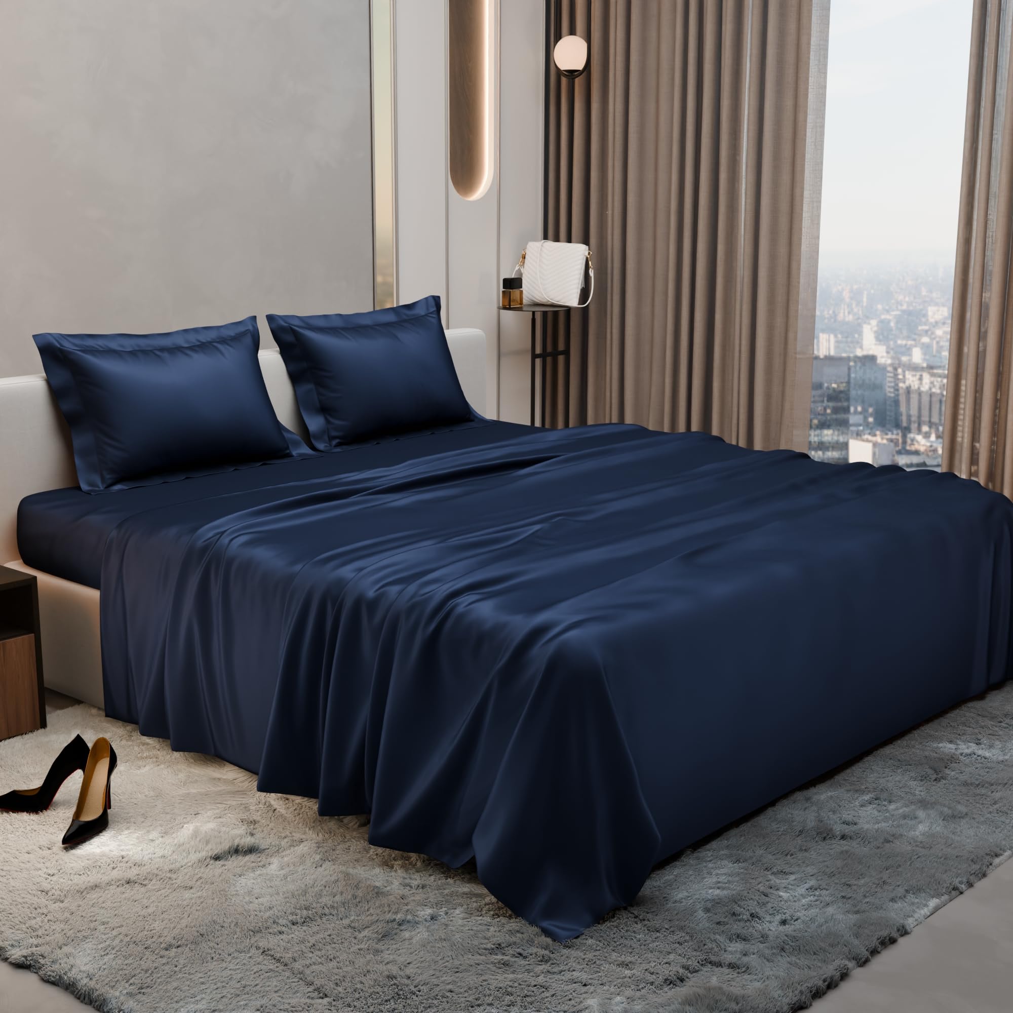Stoa Paris Satin Bedsheet King Size with 2 Pillow Covers, 300TC Premium Bedsheets King Size, Home Decor, Ultimate Comfort, 274 cm x 228 cm, Date Night - Mystique Blue