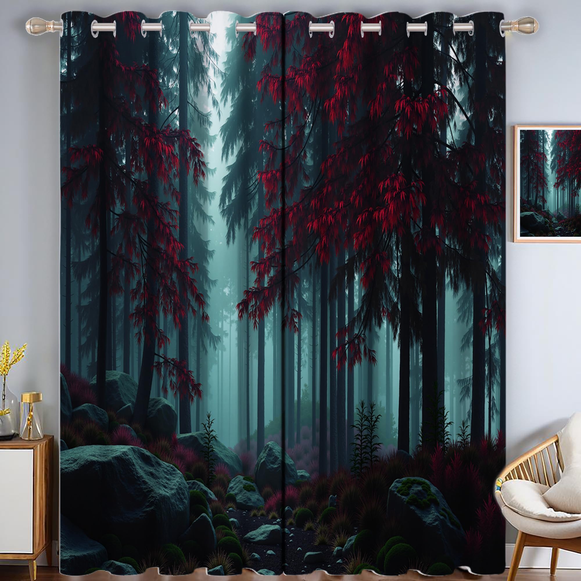 Rideaux forêt de pins rouges vert foncé 140x240cm anti-bruit occultants pour fenêtre