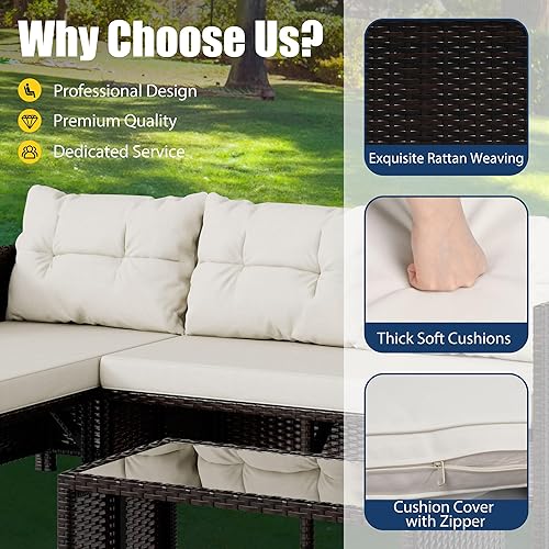 Miniatura 4 de Vongrasig Juego de muebles de patio de 3 piezas pequeños de mimbre para exteriores, porche, bistró, juego de sillas de patio acolchadas con mesa de