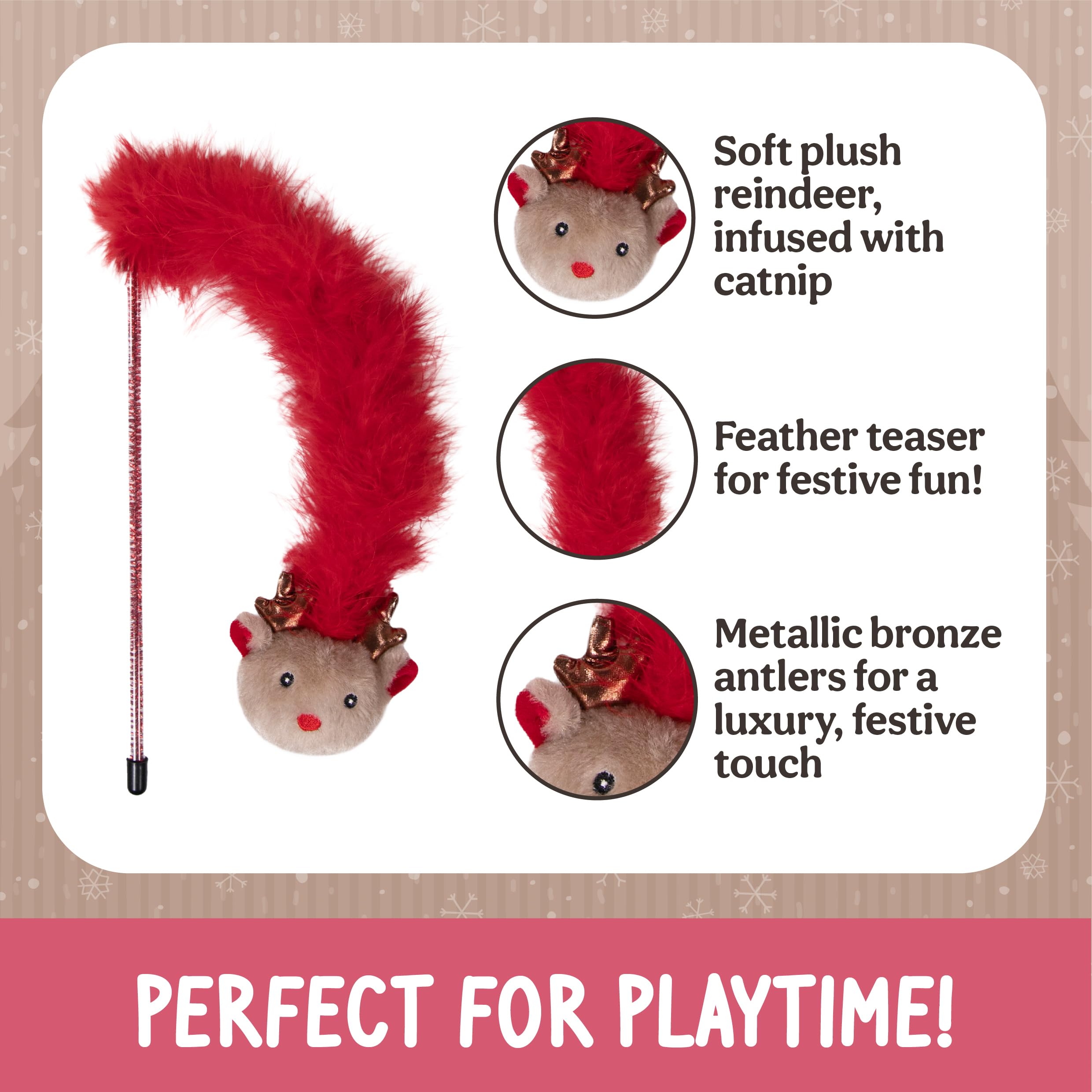 Rosewood Roxy Reindeer Cat Teaser Wand, Festive Catnip Toy with Feather Boa & Sparkly Tinsel Stick - Image 3