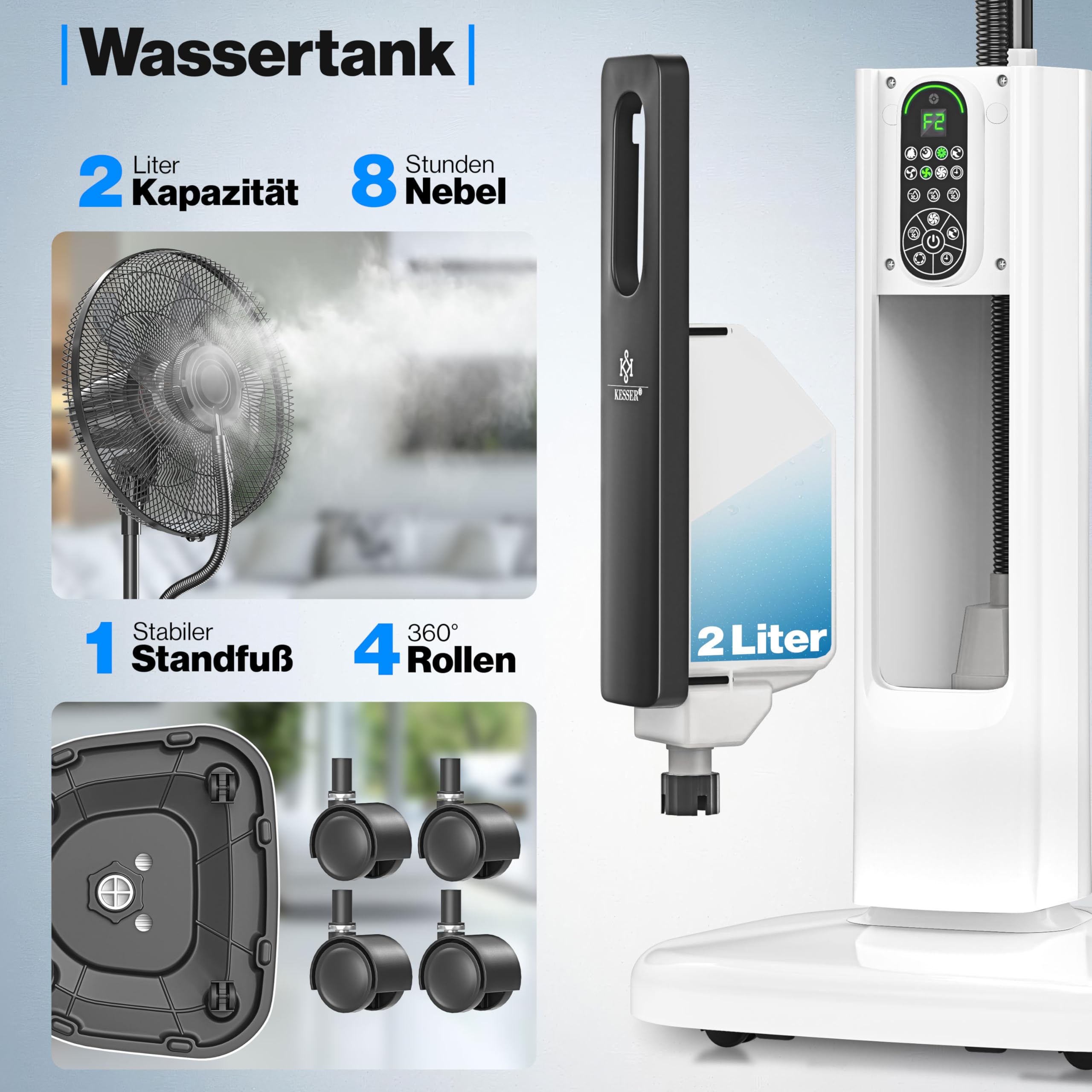 KESSER® Stand-Ventilator Frosty mit Wasser Ultraschall-Sprühnebel Wasserkühlung, inkl. Fernbedienung Timer-Funktion, Luftbefeuchter Leise, Nebelfunktion, Standventilator, Weiß/Schwarz