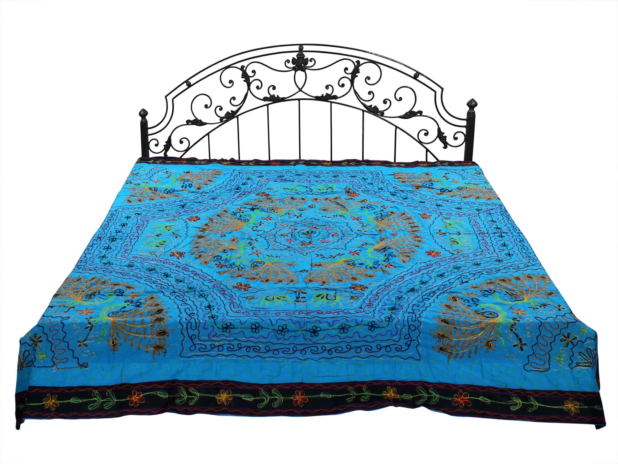 Exotic India Gujarati Bedspread with Metallic Thread Embroidered Peacocks and Folk Motifs - Pure Cotton - Color Vivid Blue-image-3