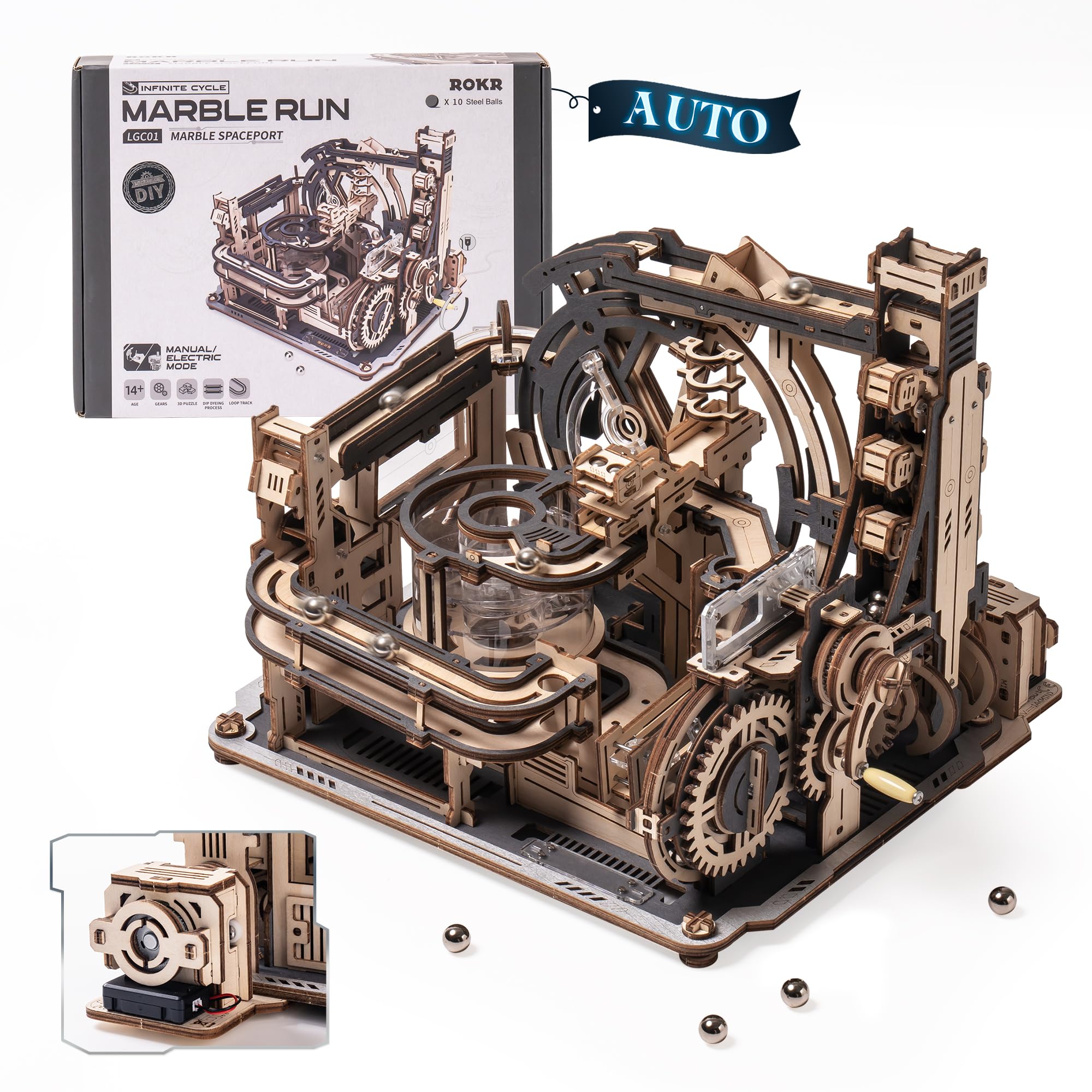 ROKR 立体パズル 電動マーブルラン 宇宙港 可動式モデル マルチ遊び方 メカニカル 木製 3D ウッドパズル 工作キット DIY クラフト 組み立て 暇つぶし 知育玩具 中学生 男の子へのギフト 誕生日 クリスマス