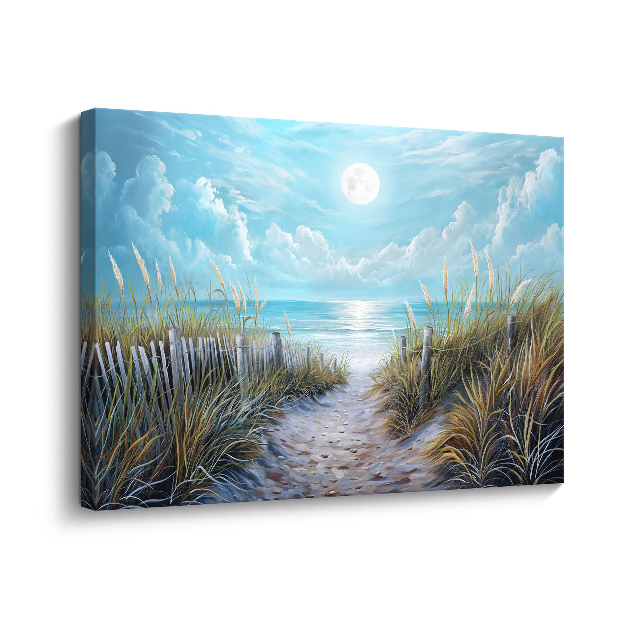 Beach Canvas Wall Art for Bathroom Ocean Pictures Seaside Moon Canvas Print Seascape Painting Framed Teal Aqua Blue Calming Shoreside Artwork for Modern Coastal Themed Lake Home Bedroom Décor Ready
