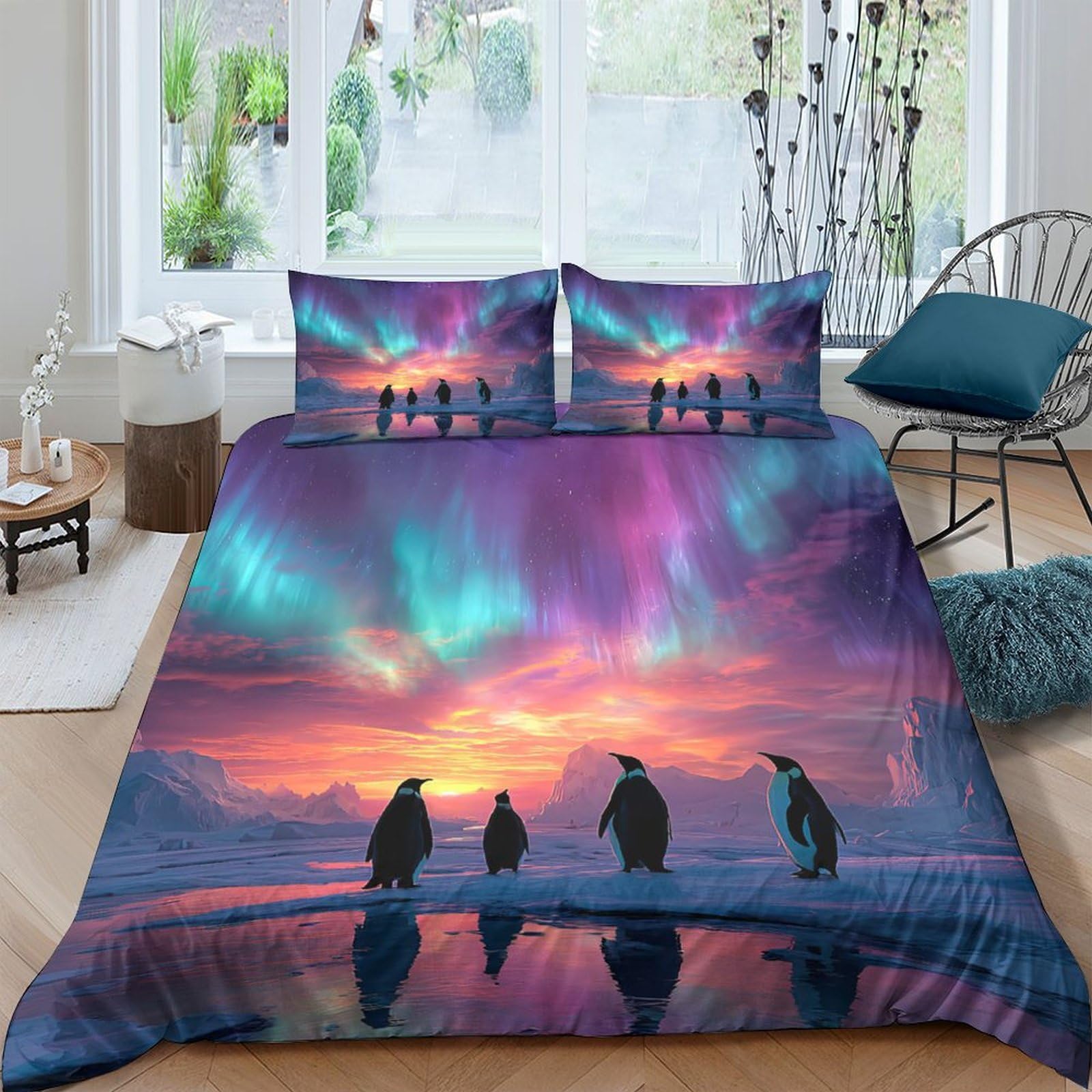 Ctjqhvkz Style-6 3D Printed Aurora Sky Fitted Sheet Microfiber Soft Breathable Penguin Sunset Bed Cover For Bedroom Guest Room Decor Single（135X200cm）