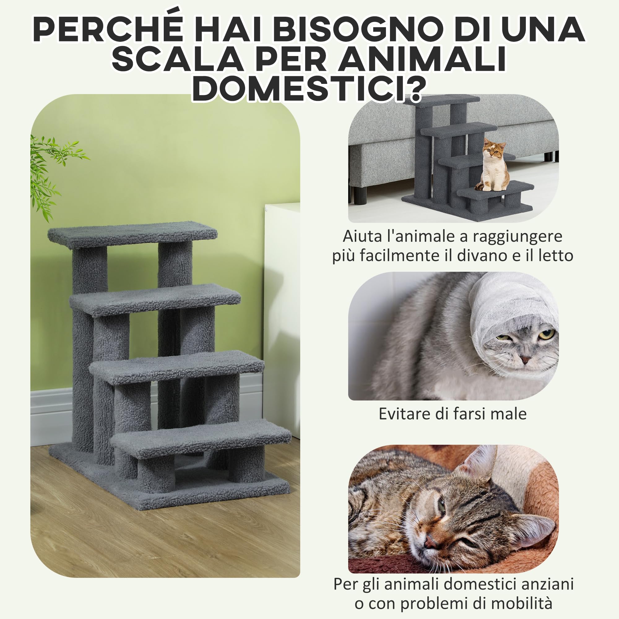 PawHut Scaletta per Cani e Gatti a 4 Gradini in Peluche 61x41x60cm Grigio | Scala per Gatto e Animali Domestici Antiscivolo, Scalini per Cuccioli per Letto e Divano
