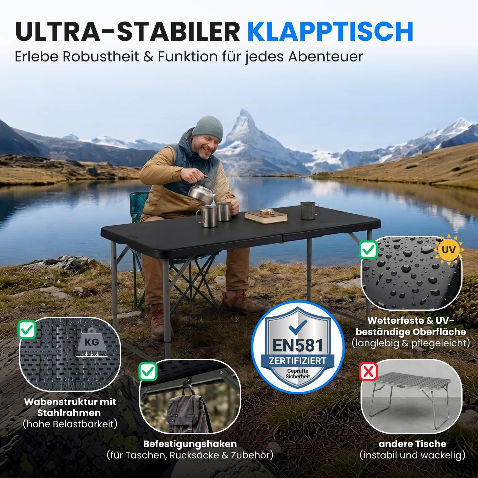 Klapptisch Campingtisch Wetterfest Garten 122cm Höhenverstellbar Klappbar Gartentisch Buffettisch Tragbar Faltbar Schwarz Tragegriff Haken