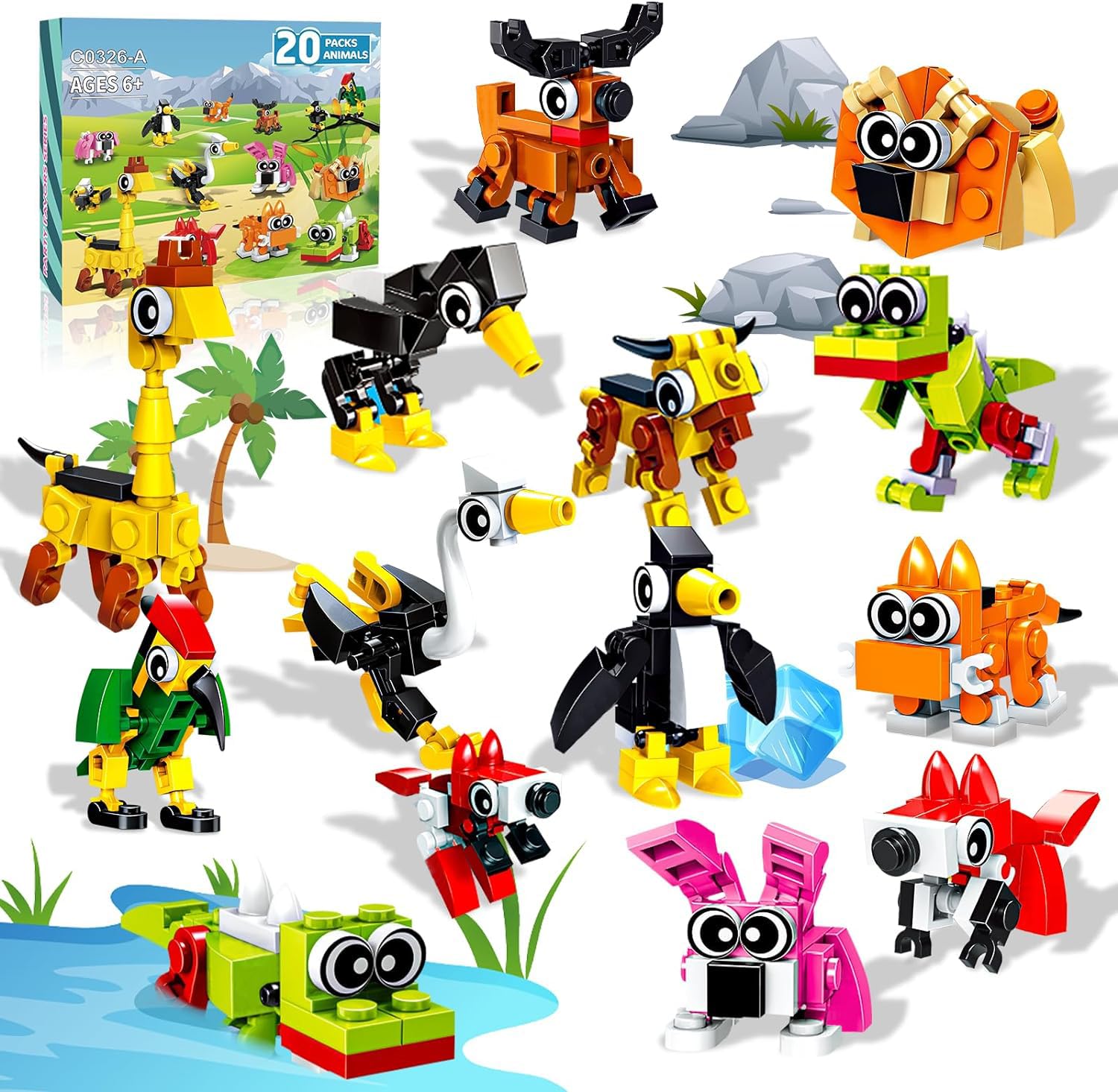 Party Favors for Kids,Easter Gifts for Kids Easter Basket Stuffers 20 Pack Animal Figures Building Blocks Toys Set Christmas Party Favors Goodies Bags Classroom Prizes for Kids, Boys & Girls Age 6+