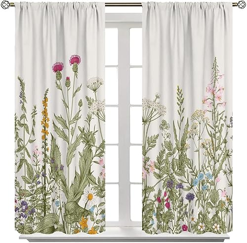 Miniatura 503 de Retro 70s Floral Blackout Window Curtains, Watercolor Flower Plant Rustic Modern Style Pattern Window Drapes, for Bedroom Living Room 42x45in 2