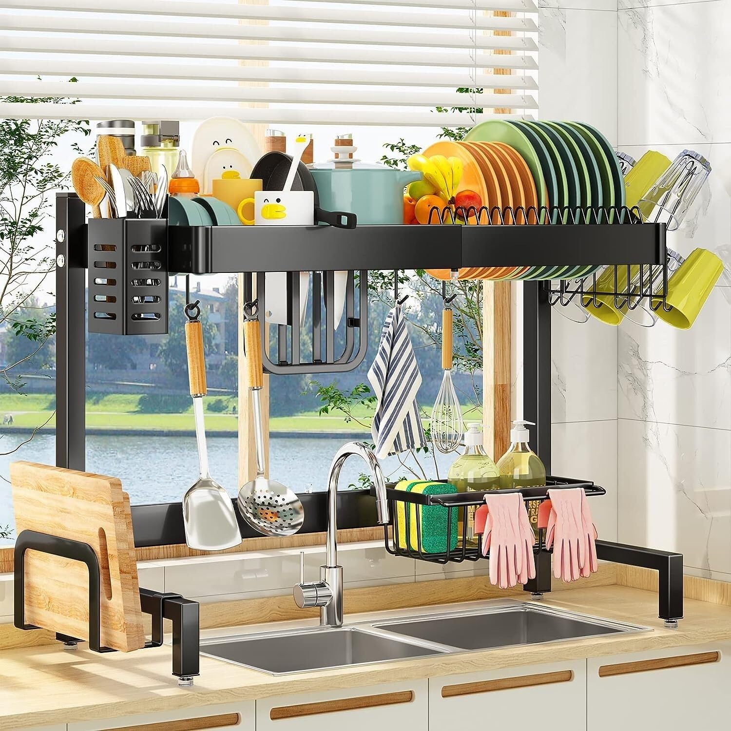 UpcoT Over The Sink Dish Drainer Rack Dish Drainer Rack Auto-Drain Expandable 50 5 to 86 CM 2-Tier