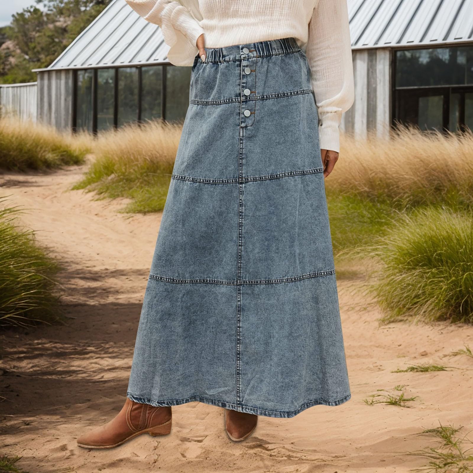 Gonna in Denim Patchwork a Strati con Linea A in Stile Boho da Donna