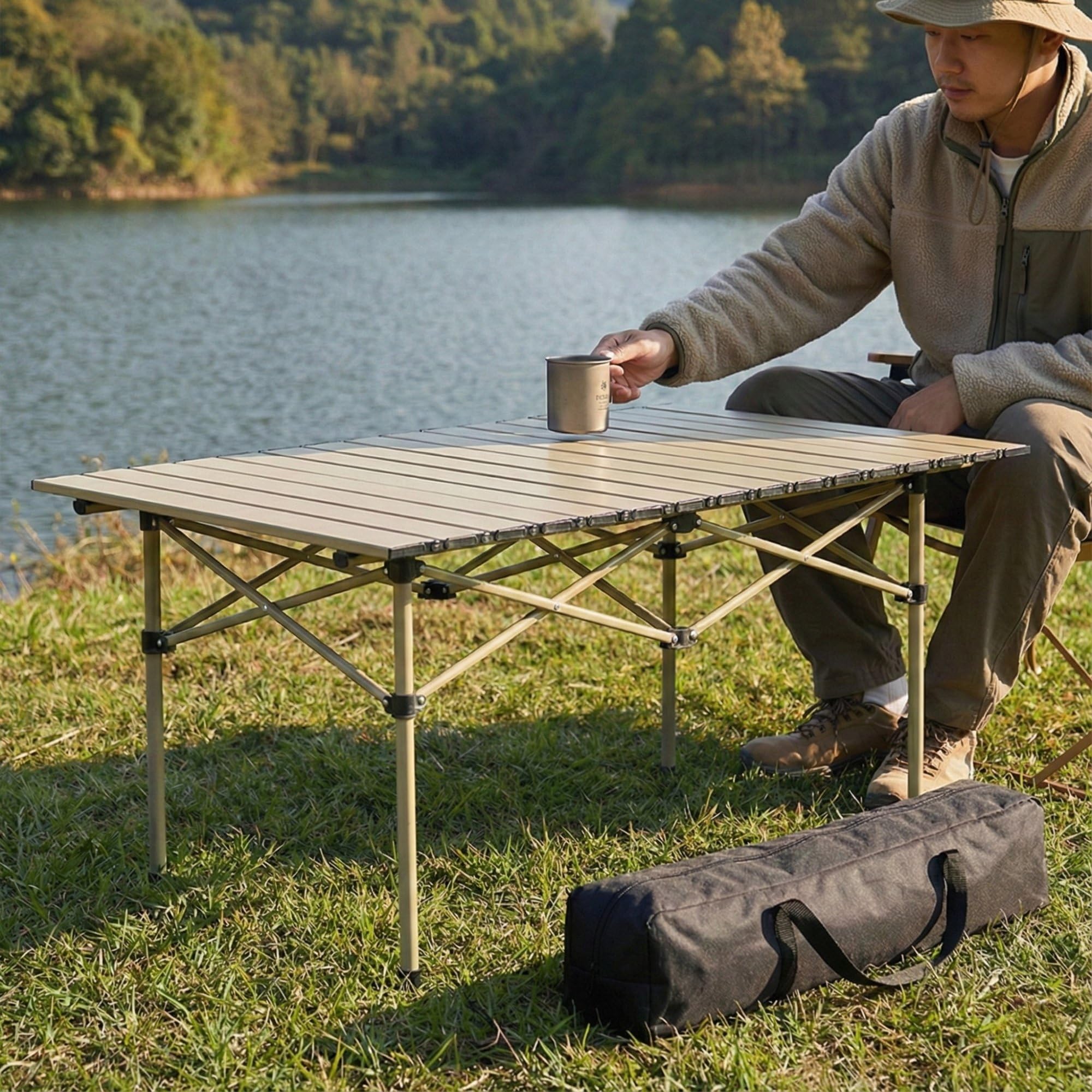 Kraptick Portable Metal Folding Camping Table with Roll-Up Tabletop Lightweight Outdoor Long Table with Carry Bag Compact & Durable Folding Table for Camping, Picnic, Beach & Travel Use (Beige)-image-13