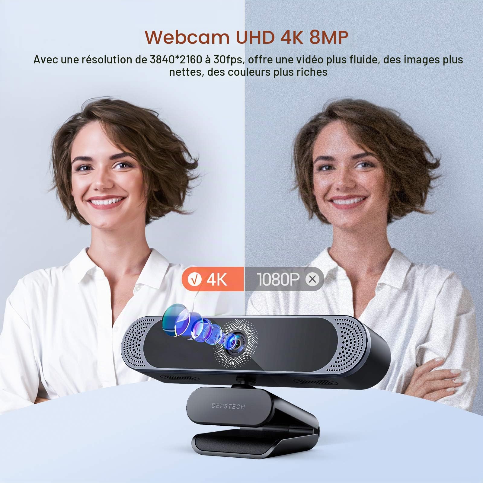 DEPSTECH Webcam 4K, DW49 Autofocus Caméra Web HD avec 1/3'' Sensor, Double Micro Antibruit, Cache Webcam et Trépied, Camera Streaming pour PC Windows, Mac, Ordinateur Portable, Zoom, Skype, Youtube