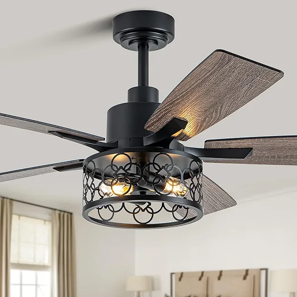 Dawn Whisper 52 Inch Farmhouse Ceiling Fans with Lights Quiet and Reversible DC Motor Black Industrial Rustic Caged Ceiling Fan for Bedroom Living Room