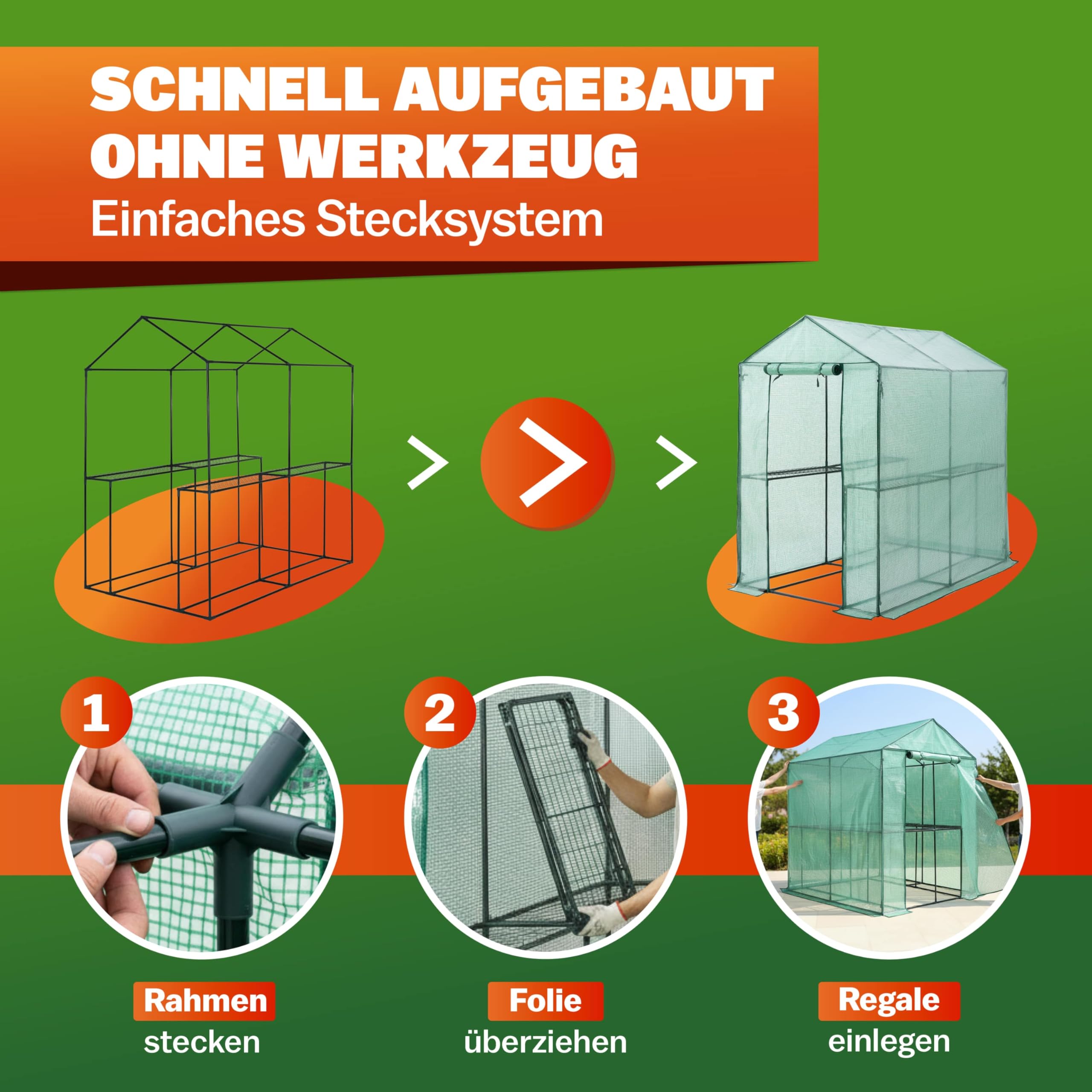 Gardebruk® Gewächshaus 190x186x120 cm Tomatengewächshaus Begehbar mit 4 Ablagen Foliengewächshaus Treibhaus mit Aufrollbarer Tür für Garten & Balkon Stabil, UV-beständig, Grün