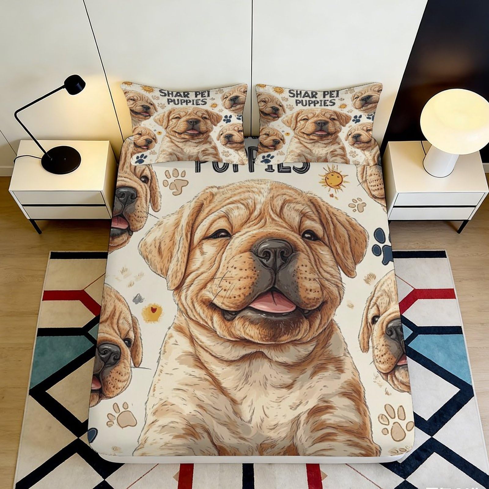 3D Printed Cute Puppy Fitted Sheet Microfiber Soft Breathable Dog Portrait Mattress Cover for Bedroom Dorm Decor 90x200x25cm