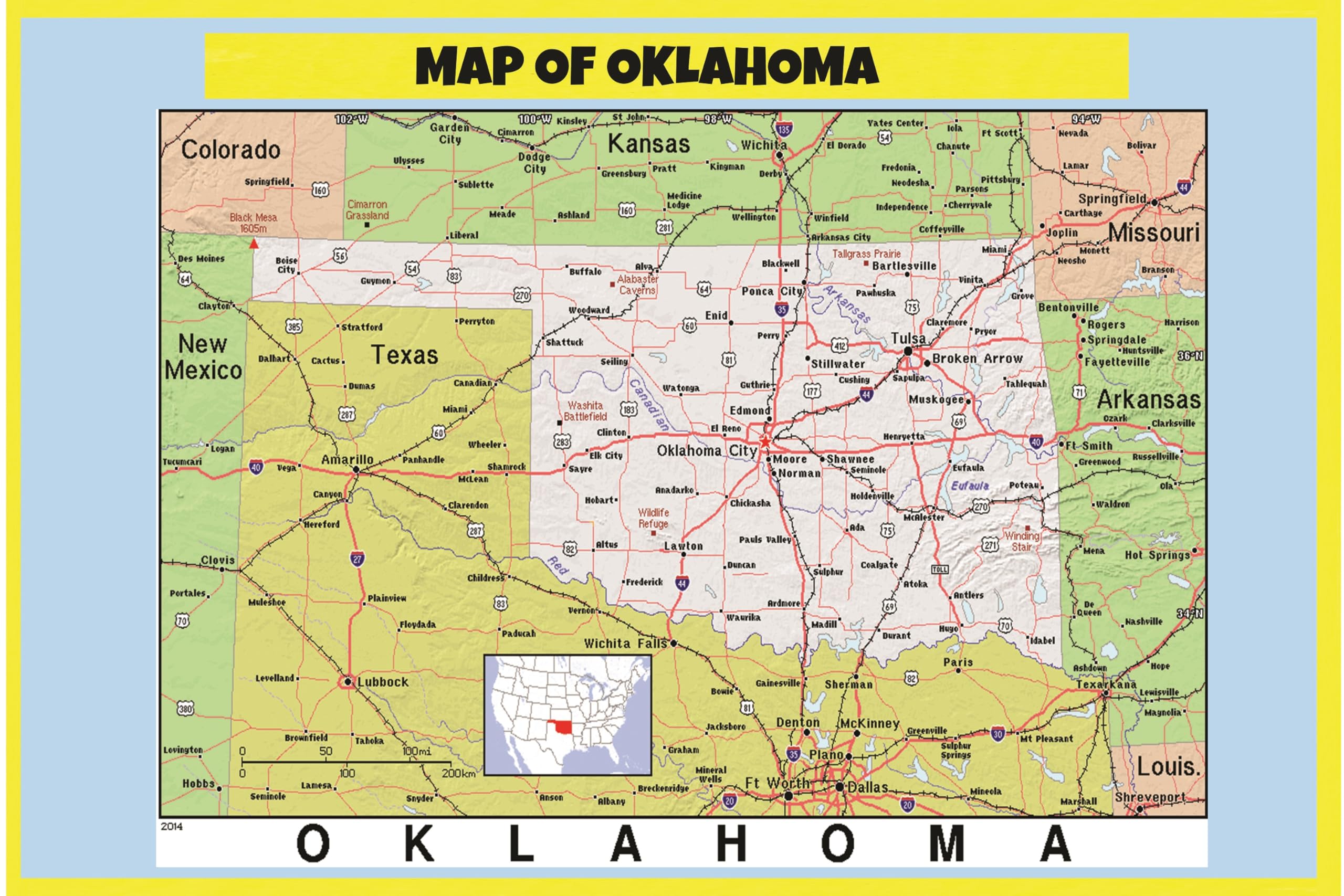 Map of Oklahoma Style C 24x36 - Laminated Wall Map Poster Print Perfect for Classrooms and Homes - Vivid Imagery with Bright Colors