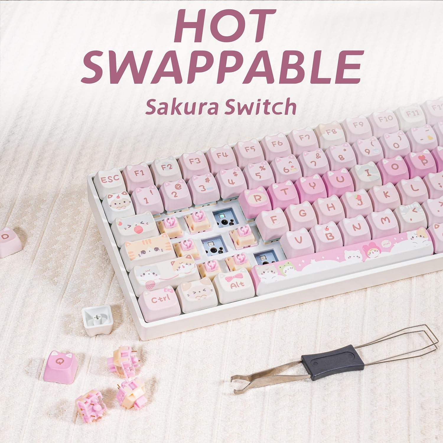 Close-up of ZORNHER ZH100 keyboard showing keycaps removed to reveal hot-swappable switches